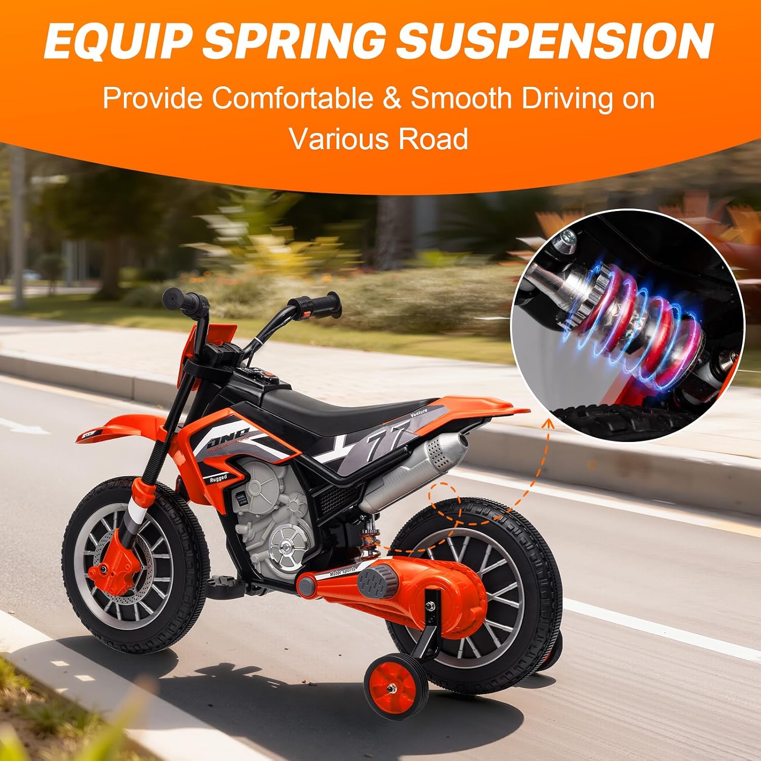 12V Kids Motorcycle w/Treaded Tires, 3.1mph Top Speed Electric Bike for Kids, Training Wheels, Music & Bluetooth, Spring Suspension, Age 3-8 Year Old, Orange