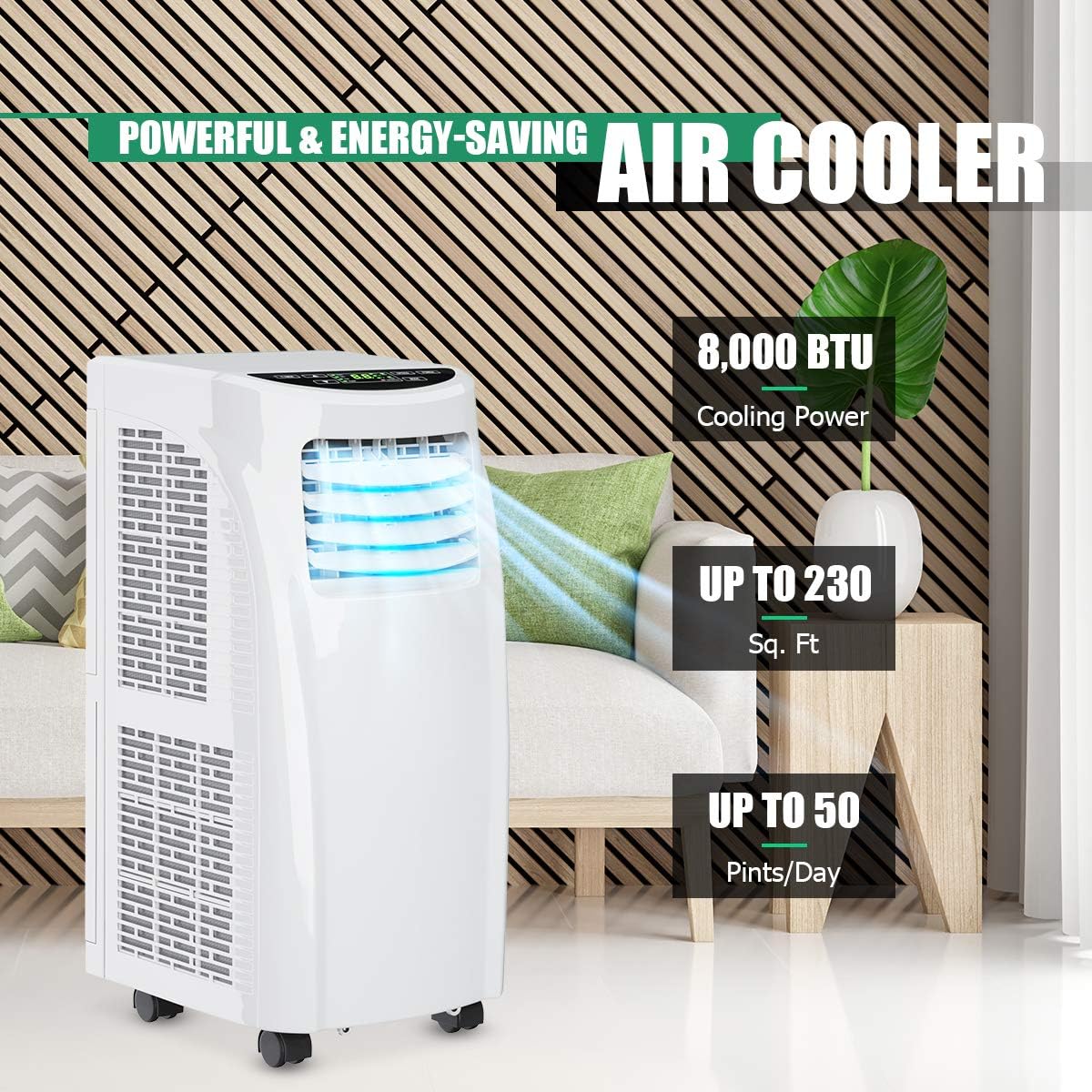 COSTWAY 8000 BTU Portable Air Conditioner, 3-in-1 Air Cooler w/Built-in Dehumidifier, Fan Mode, Sleep Mode, Remote Control& LED Display, Rooms Up to 230+ Sq. ft, for Home Office (White)