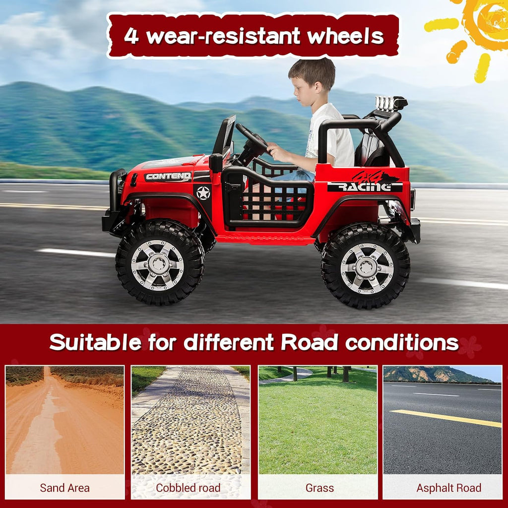 SEHOMY 2-Seater Ride on Truck, 12V Battery Powered Kids' Electric Vehicle w/Remote Control, 3 Speeds, Spring Suspension, LED Headlight, Horn, Music/ MP3, Safety Belt, Ride on Toys Car for Kids (RED)