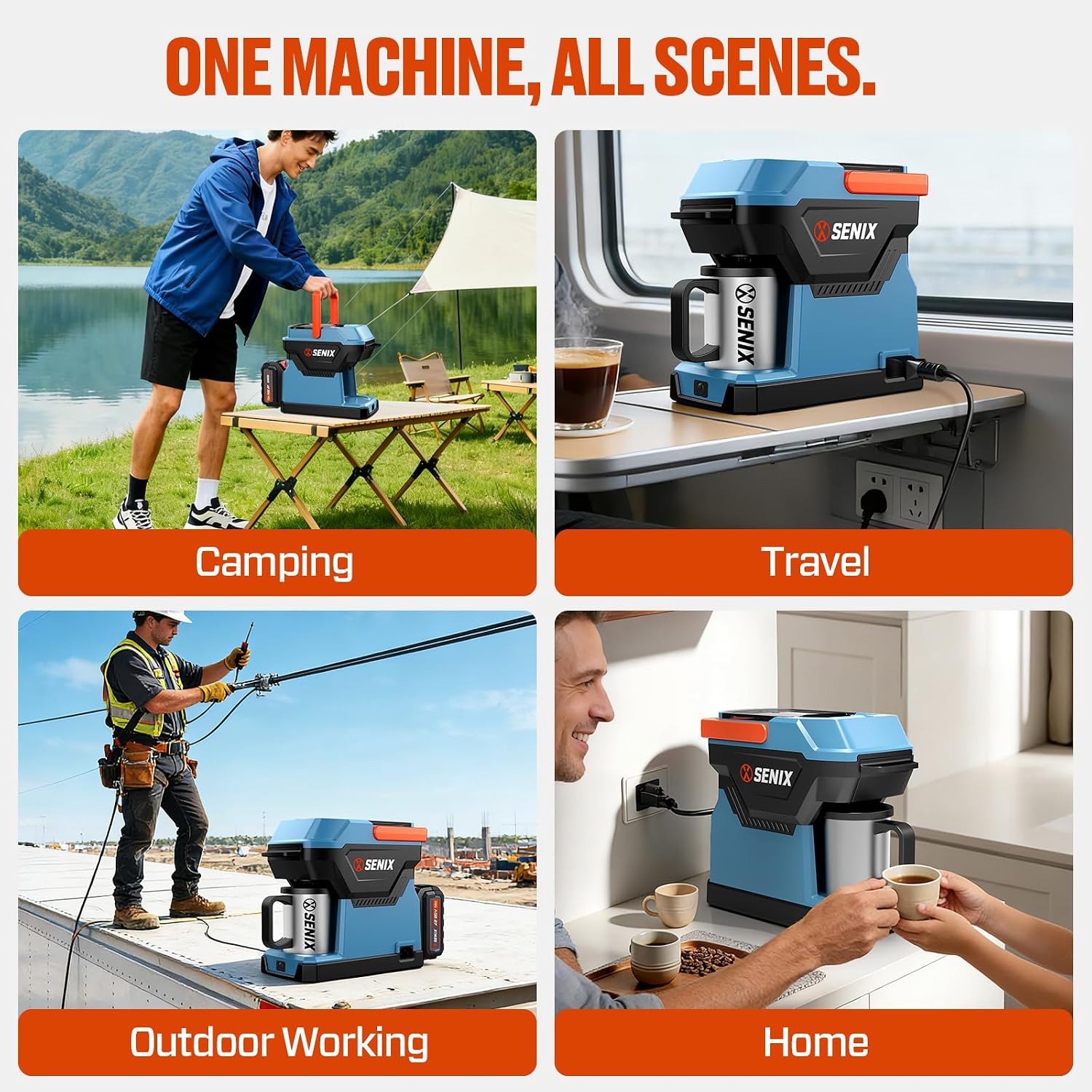 SENIX Portable Coffee Maker with 5000mAh Battery, Dual AC/DC Electric Coffee Machine for Car/RV/Camping, Cordless Outdoor Travel Brewer Compatible with Ground & ESE Pods, Included Cup