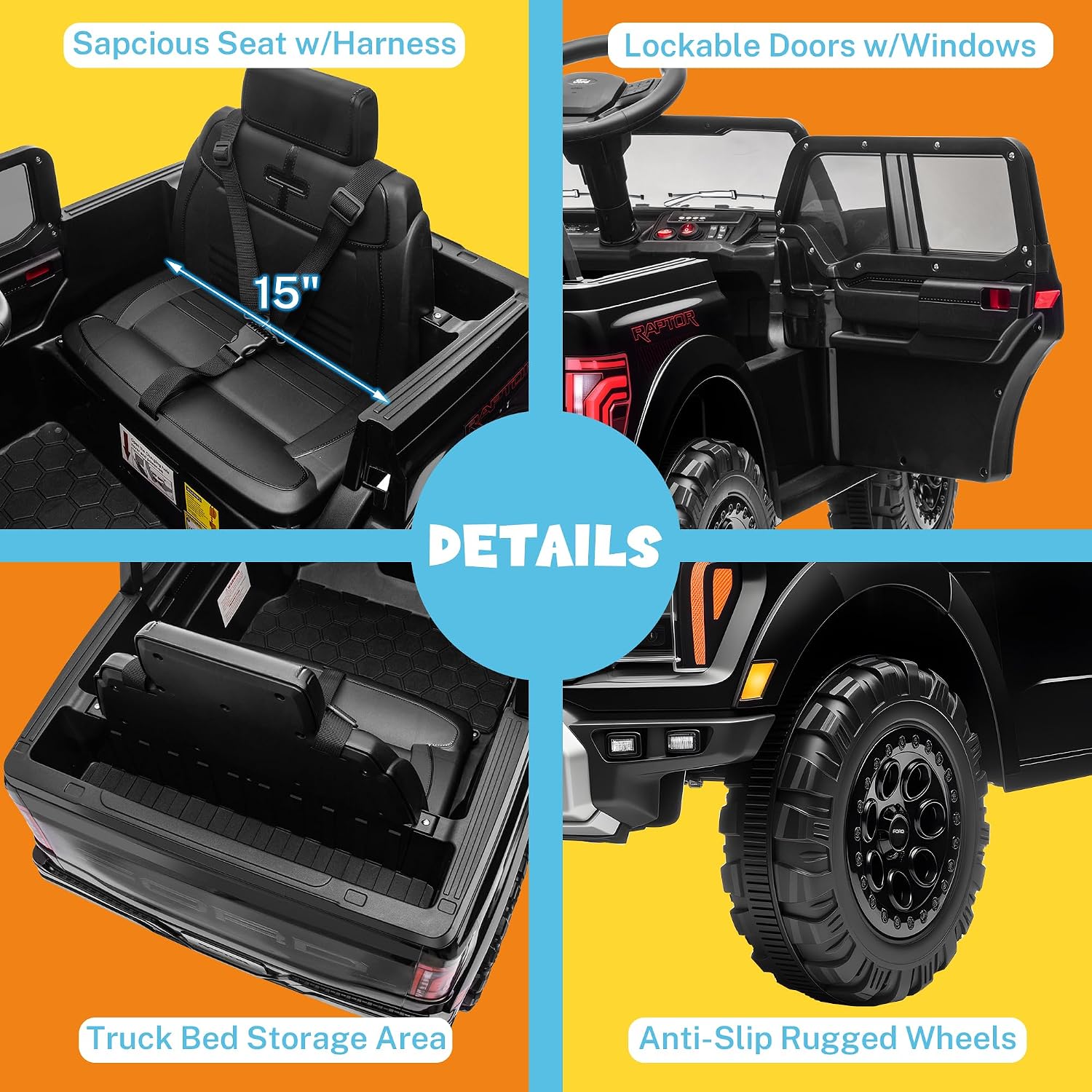 ENYOPRO 12V Kids Ride On Truck, Licensed Ford F-150 Raptor Toddler Electric Car w/Remote Control, Kids Ride On Car Toy w/LED Lights, Bluetooth Music, Lockable Doors, Safety Belt, 2 Speed (Black)