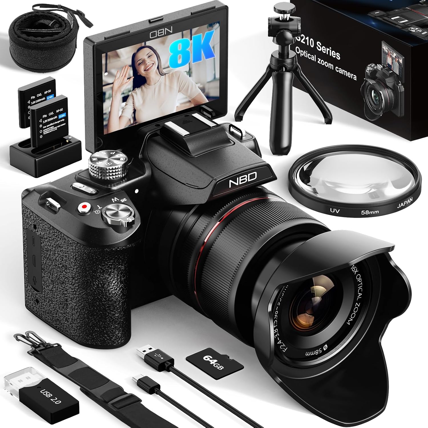 NBD 64MP Digital Cameras for Photography,8K Vlogging Cameras for YouTube,16X Optical Zoom Travel Point and Shoot Digital Cameras Fotograficas with 180°Flip Screen,58mm UV Lens,2 Batteries（Black）