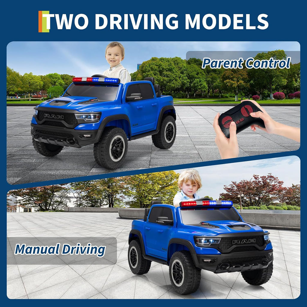 Garvee Ride On Car, Licensed RAM 12V Kids Ride On Police Car with Remote Control, Electric Pickup Truck for Toddlers, 3 Speeds, Spring Suspension, LED Lights & Parent Safety Lock