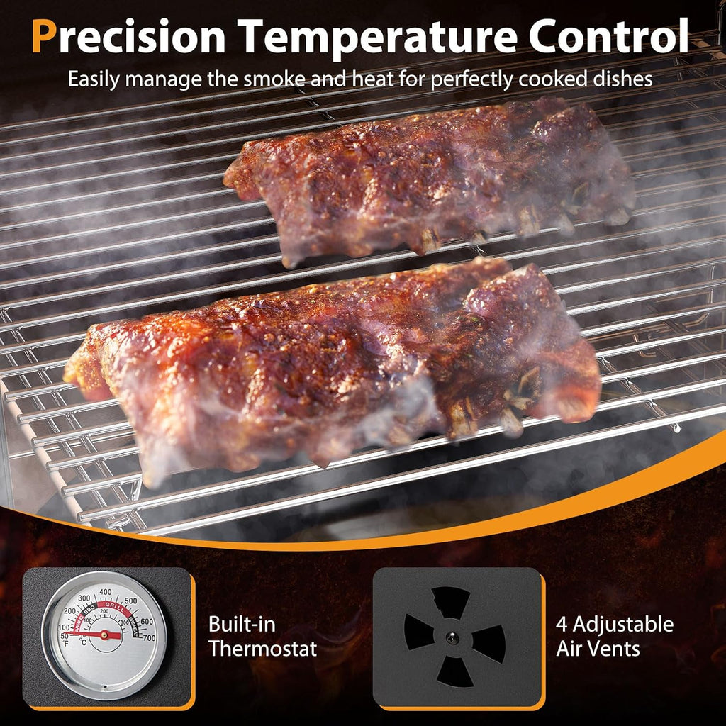 Charcoal Smoker Outdoor, Vertical BBQ Smoker with Thermostat, 2 Access Doors, 2 Cooking Grates, 2 Removable Pans & 4 Air Vents, Meat Smokers Grill for Parties, Barbecues and Backyard