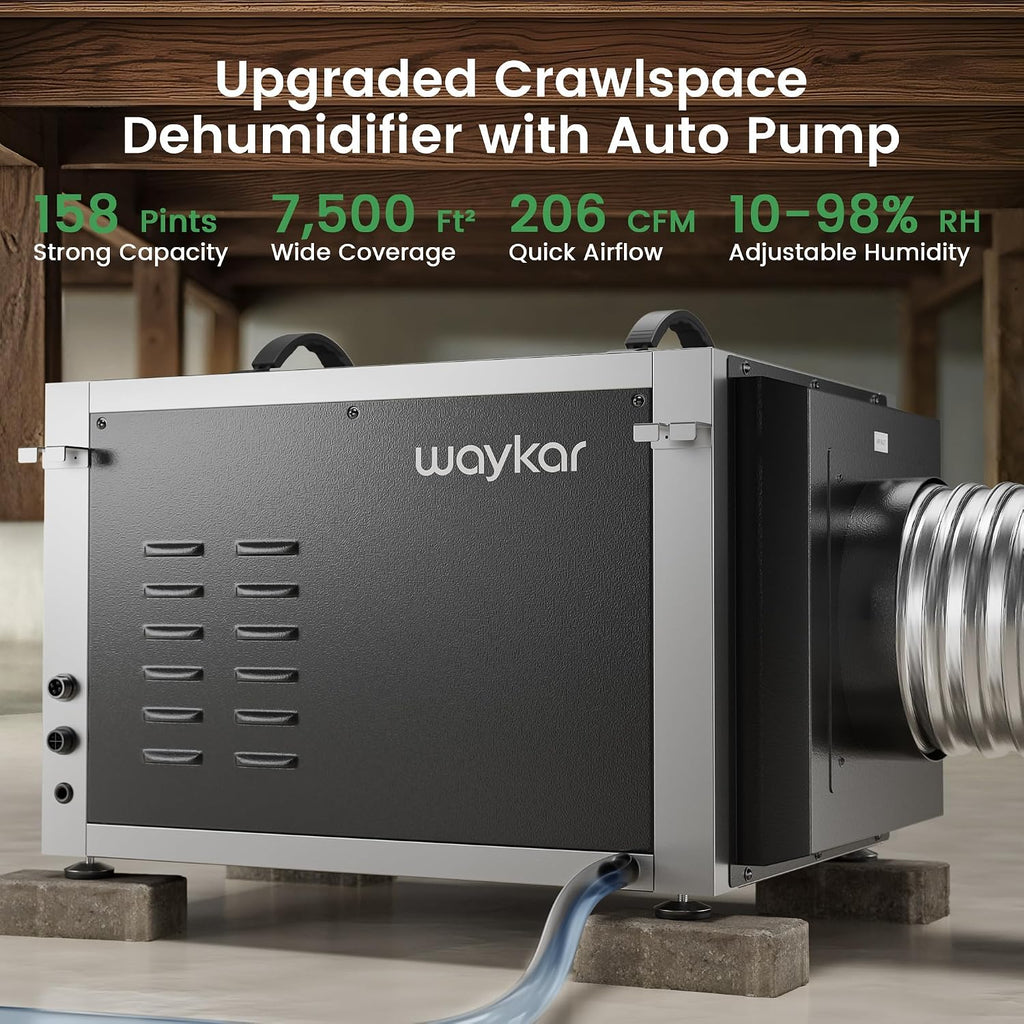 Waykar 158 Pints Crawl Space Dehumidifier with Remote Control and Pump, Dual Duct HVAC Commercial Whole-House Dehumidifier for Basement, Industry Water Damage Unit - 5-Year Quality Coverage