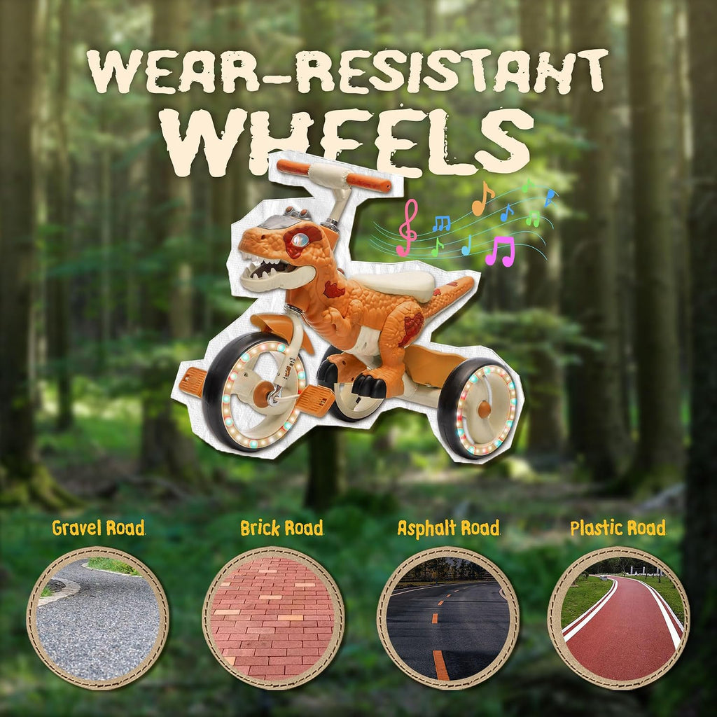 Dinosaur Kids Tricycle for Rider, Toddlers Kid Trike Bike Big Wheel with Wide Flash Wheels, Anti-Slip Pedals, Storage Basket, Music & LED Lights, Kids Bike for 3-6 Year Old Girls & Boys (Orange)