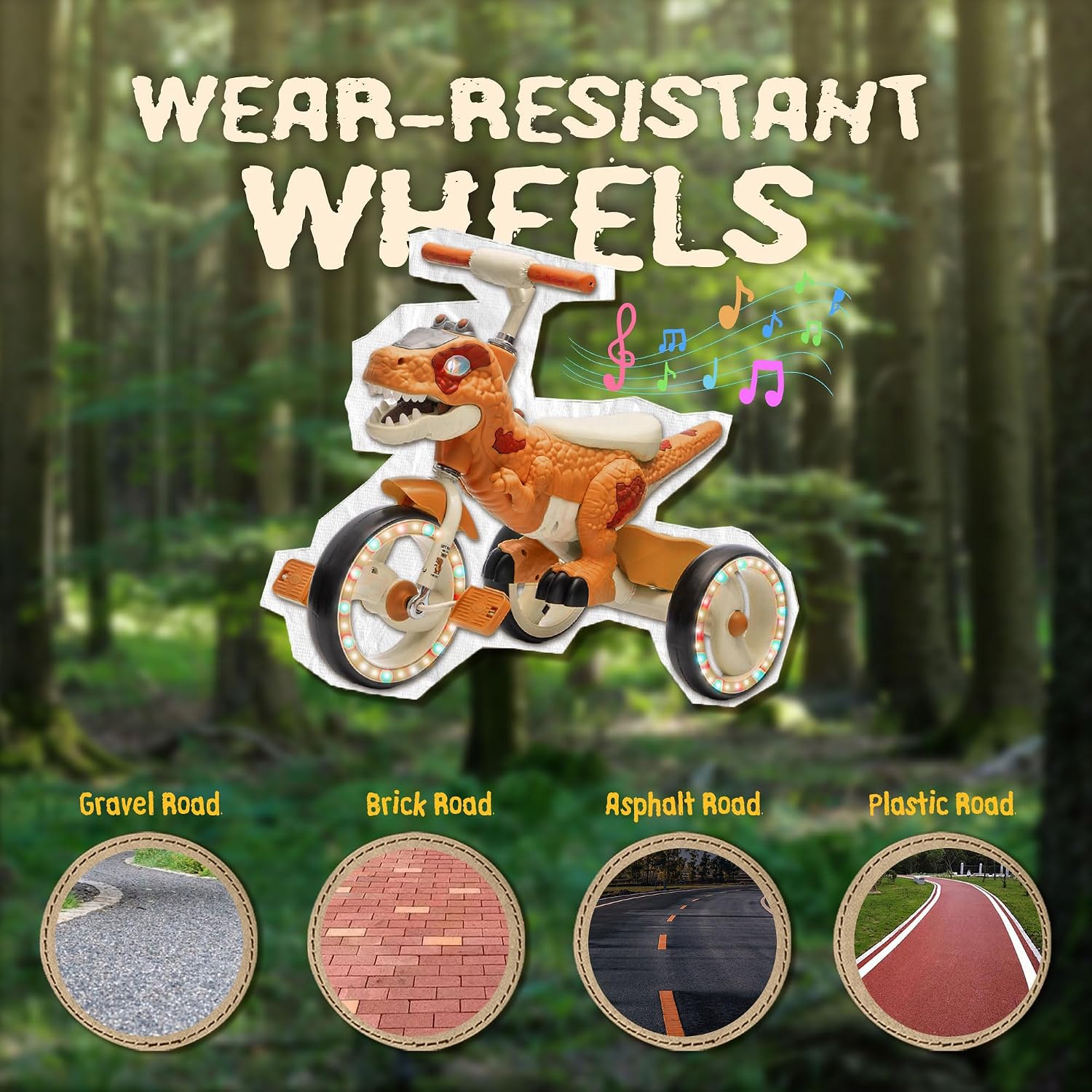 Dinosaur Kids Tricycle for Rider, Toddlers Kid Trike Bike Big Wheel with Wide Flash Wheels, Anti-Slip Pedals, Storage Basket, Music & LED Lights, Kids Bike for 3-6 Year Old Girls & Boys (Orange)