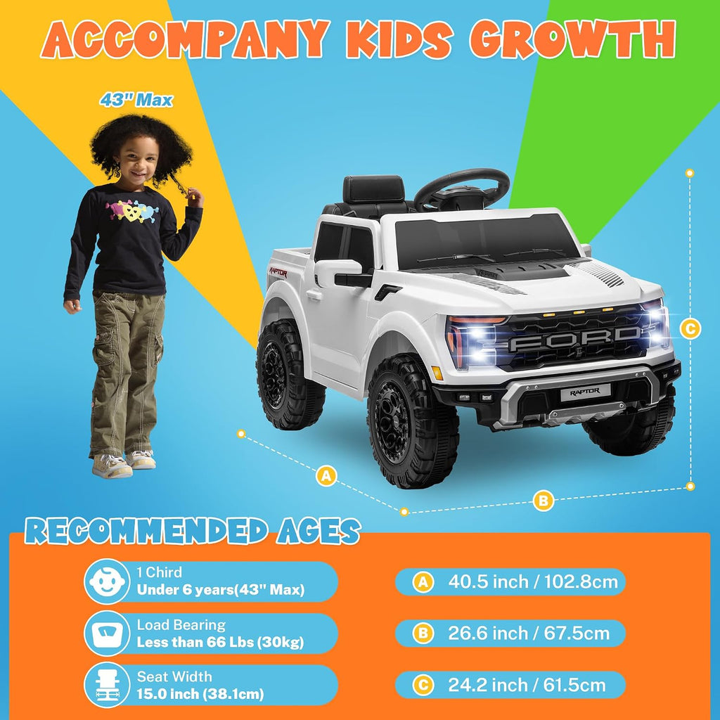 ENYOPRO 12V Licensed Ford F-150 Raptor Electric Car for Kids, Toddler Ride On Truck w/Remote Control, Kids Ride On Toys w/LED Lights, Bluetooth, Radio, Seat Belt, Soft Start, Rear Storage (White)