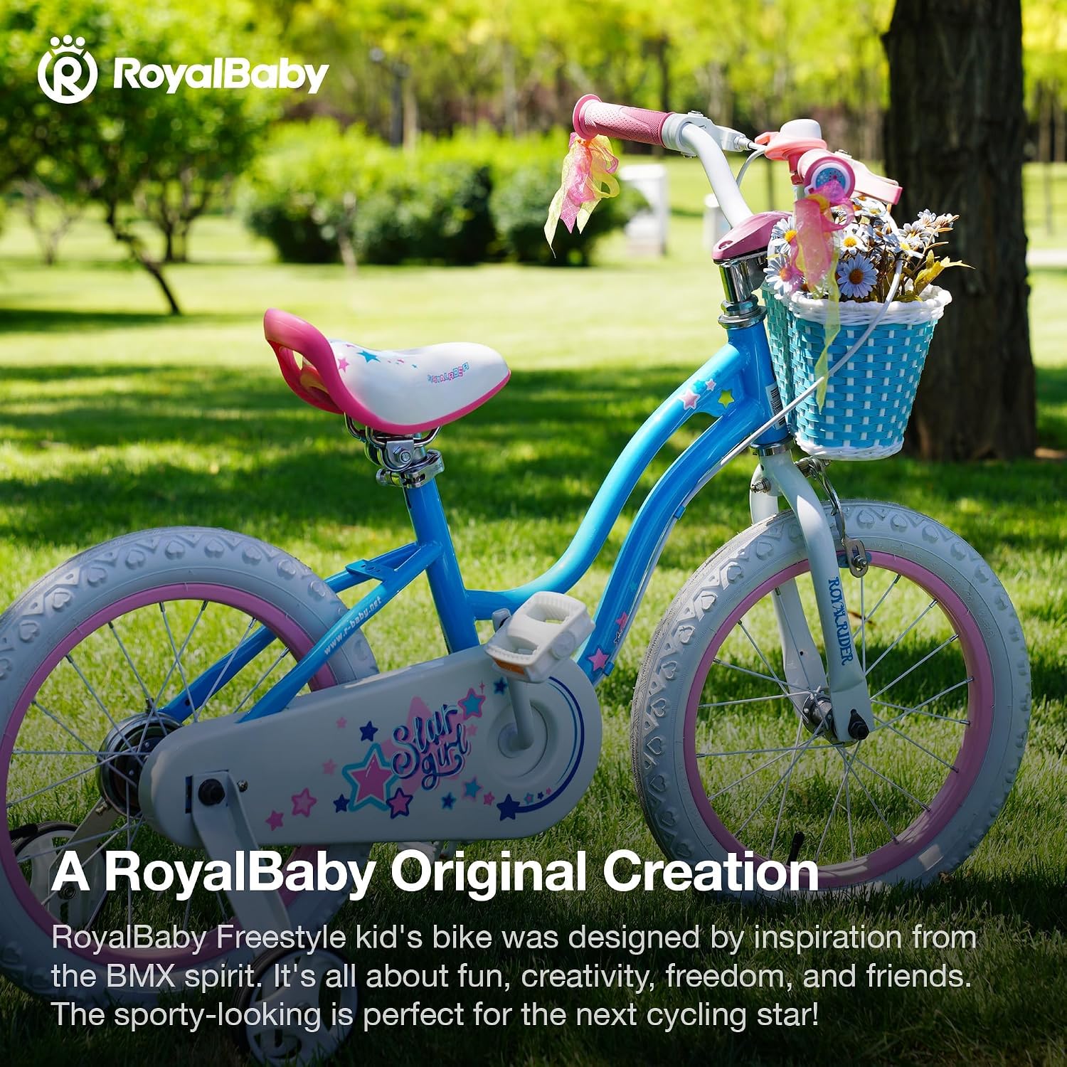 Royalbaby Stargirl Children's Bicycle Outdoor Adventure Ride-On Bike with Training Wheels, Adjustable Seat, and Basket, 14 Inch, Blue