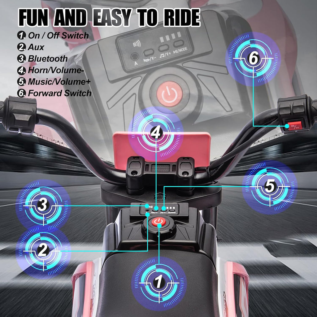 JOYLDIAS Kids Motorcycle Dirt Bike, 12V7AH Battery-Powered Ride On Motorcycle for Kids, Off-Road Street Bike w/Music, Training Wheels, Spring Suspension, High/Low Speeds, Pink