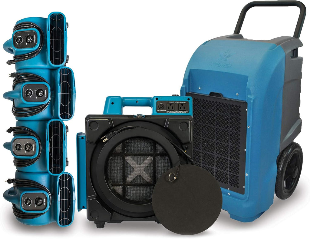 XD-125 Commercial Water Flood Damage Restoration Package for Home Garage Basements Restrooms Restaurants Crawl Spaces-Includes 4 Mini Air Movers,Dehumidifier,Mini HEPA Air Scrubber-Blue