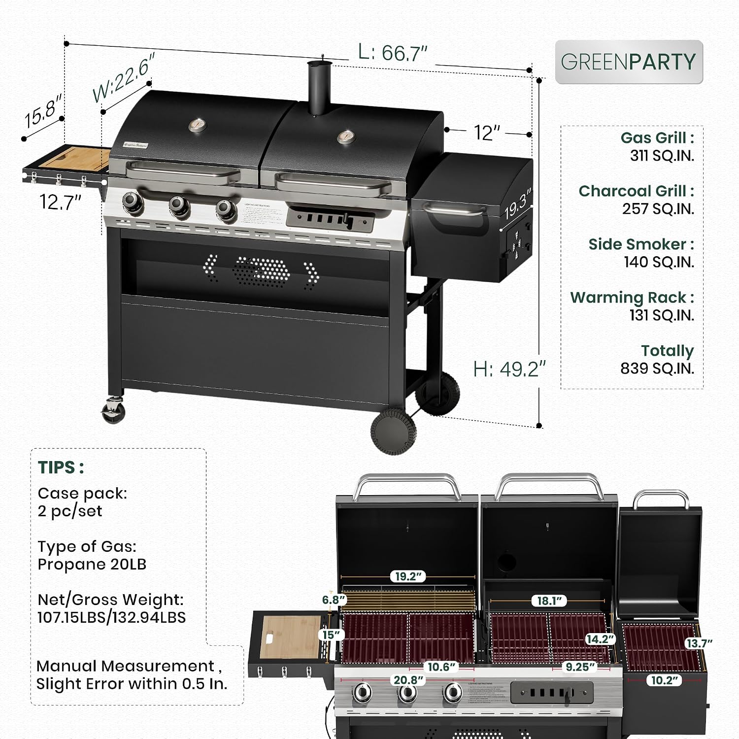 3-Burner Gas and Charcoal Grill Combo with Offset Smoker, 30,000 BTU Dual Fuel Grill, 839 Sq. In. Cooking Area BBQ Grill, Ideal for Outdoor Cooking Patio Backyard Balcony