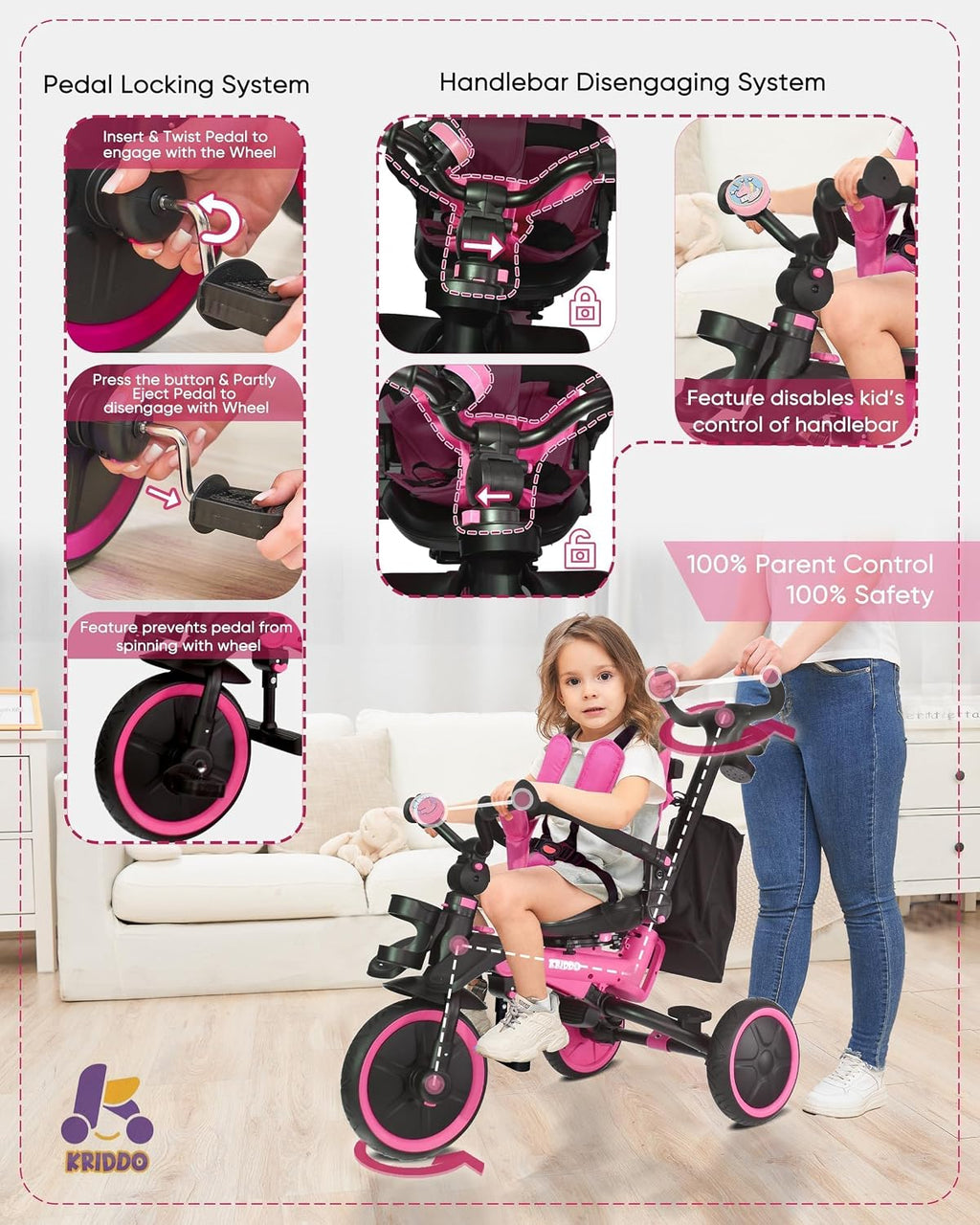 KRIDDO 8-in-1 Foldable Tricycle Stroller for Toddlers 18 Months to 5 Years, 5-Point Seatbelt, 1-Step Brake Pedal, Extended Canopy, Triple Footrest, Safety Rearview Window, Detachable Guardrail, Pink