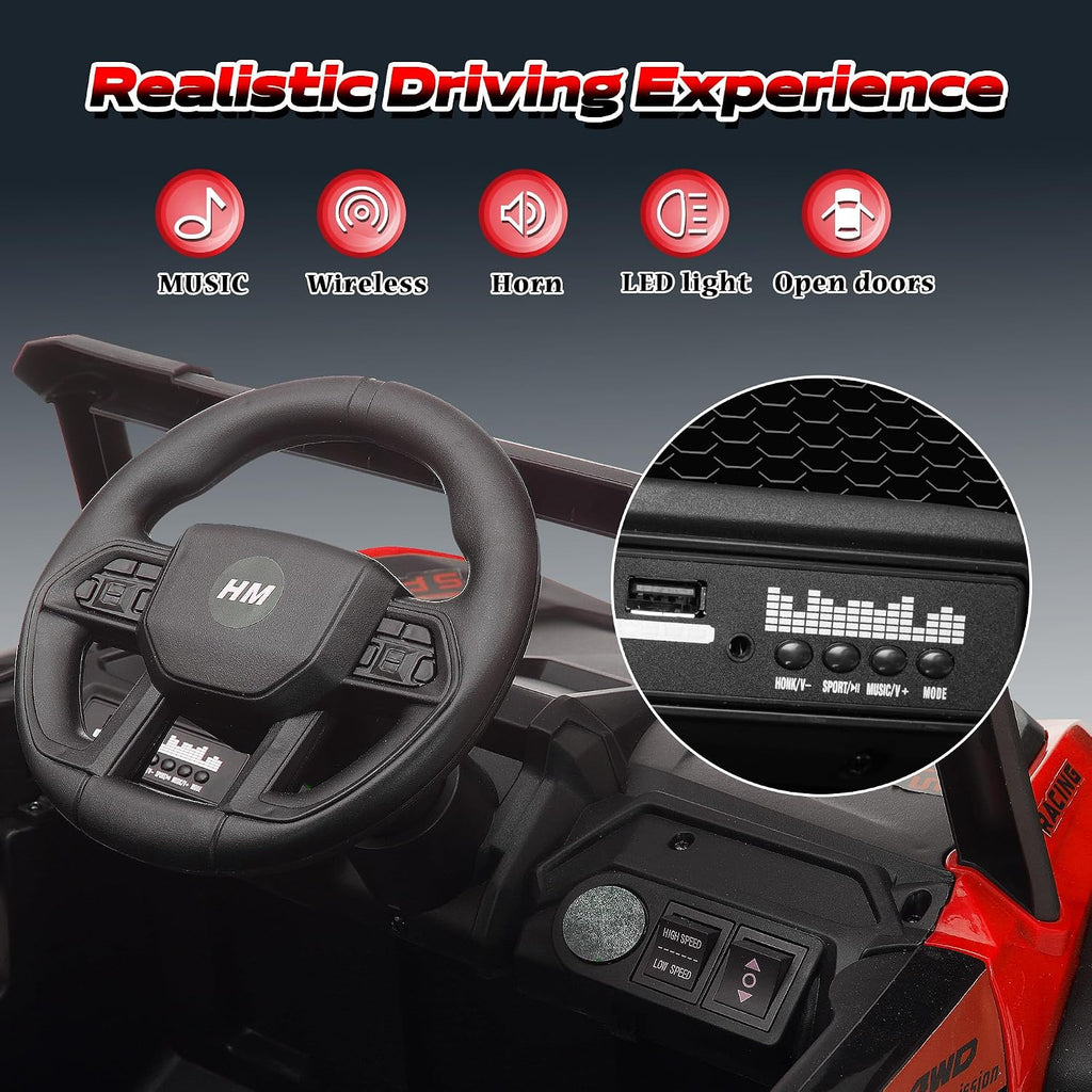 12V Kids Electric Car, Ride on Car Truck with Remote Control, LED Lights, 3 Speed Adjustable, Music, Safety Belt, Soft Start, Horn, Ride on Toys for Toddlers Boys Girls 3-6, Red