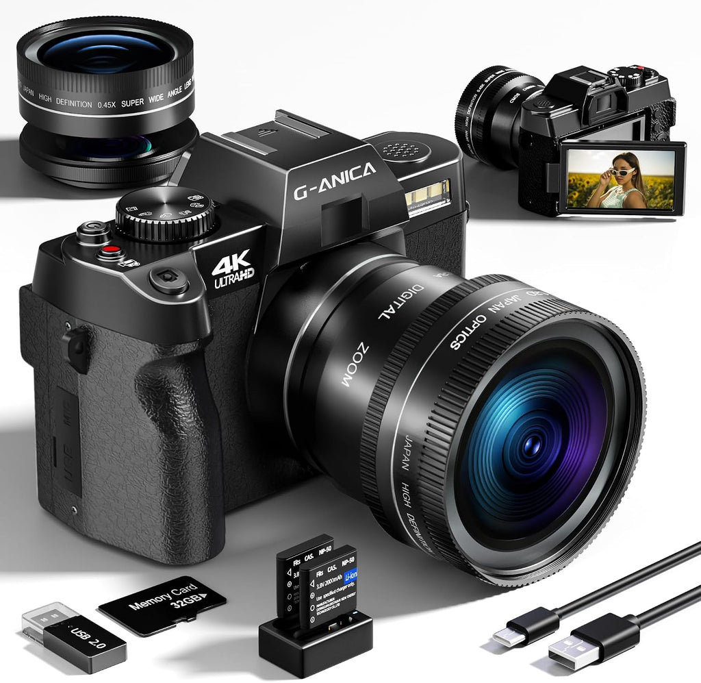 G-Anica 4K Vlogging Camera with Detachable Macro & Wide Lens Kit - WiFi & App Control, Supports Up to 48MP Photos, Compact Digital Cam for Beginners, 16X Zoom & Anti-Shake (32GB Card Included)