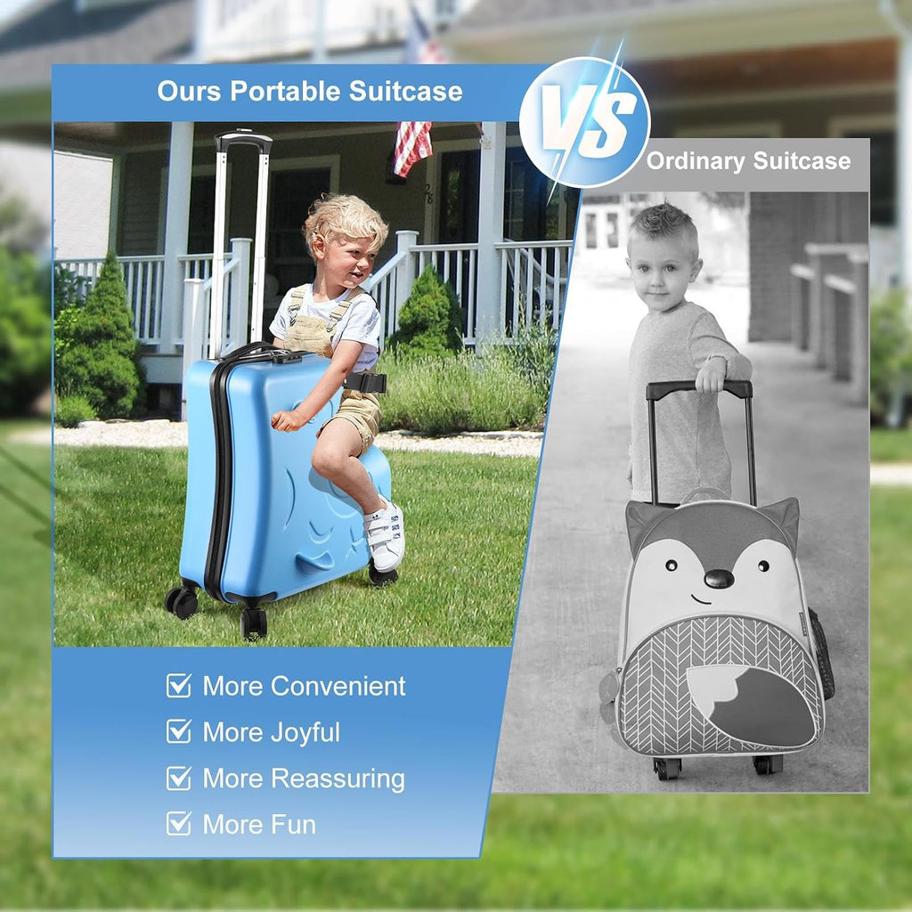 24 Inch Kid Ride Suitcase, Kid Luggage Seat Ride With Lock - Kids Travel Trolley With Safety Belt, Kids Luggage With Wheels Child Stroller Spinner Luggages, ABS+PC (Blue, 6-12 Years)