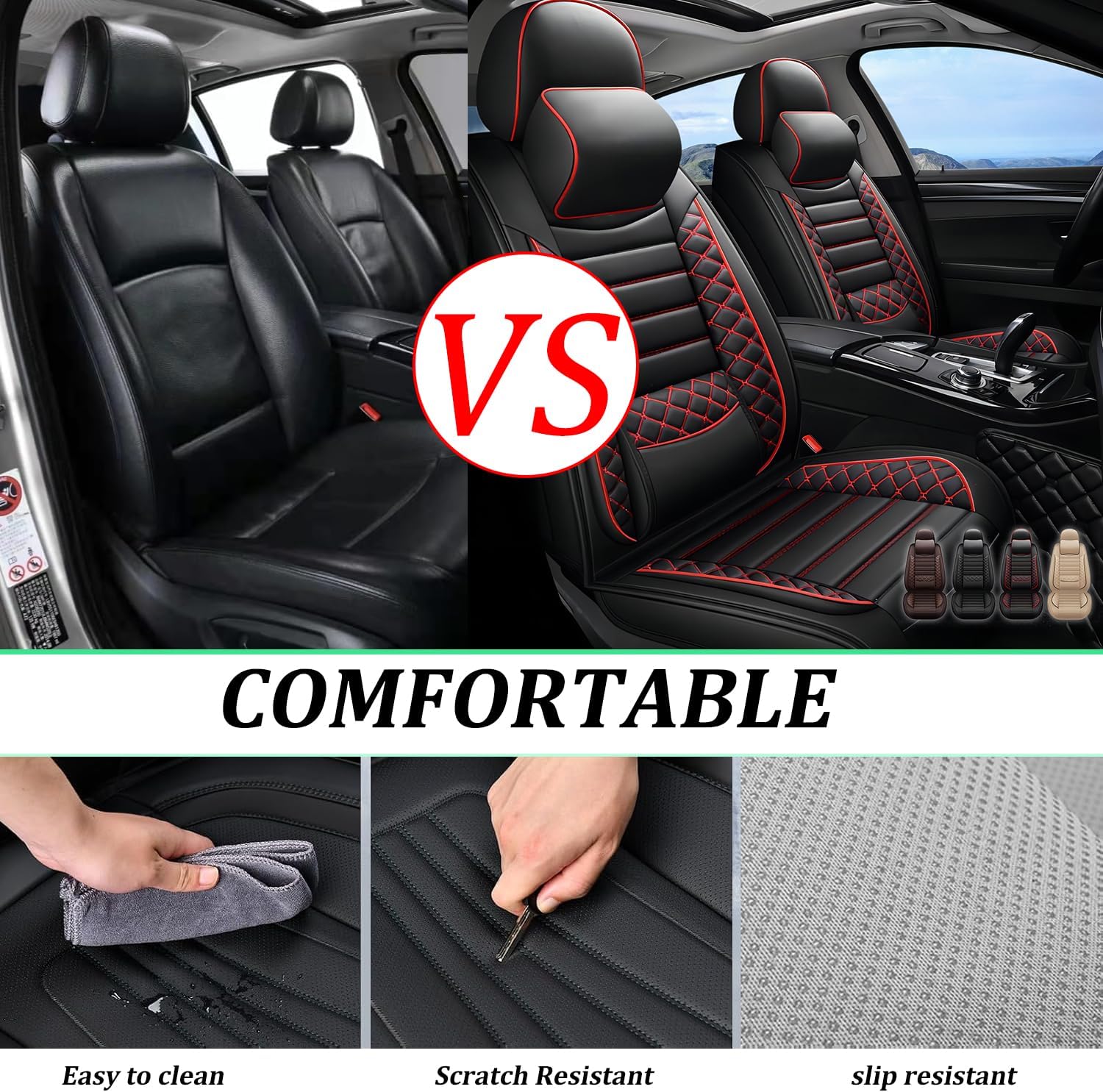 Front Seat Covers for Jeep Grand Cherokee 2011-2024 2025 2026,2 PCs Luxury Leather Car Seat Cover Waterproof Seat Protectors,Breathable Vehicle Seat Cover Airbag Compatible Cushion(Red Black, Pillows)