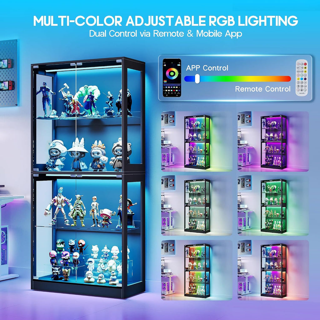 AMERLIFE RGB Display Cabinet with Adjustable Glass Shelves, 4-Tier Storage Case with LED Lights & Press-to-Open Doors, Modern Display Shelf for Collectibles, Black 70' H×32' L×16' D