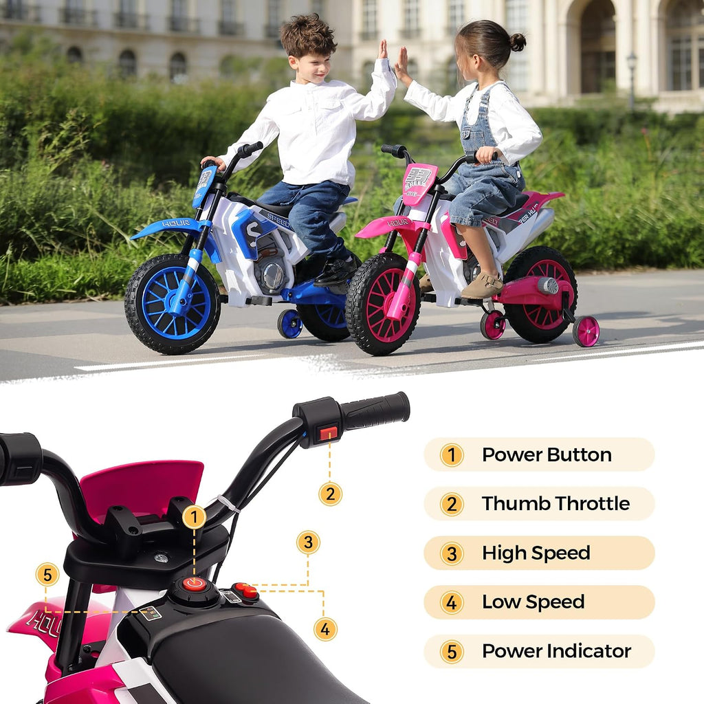 Toddler Motorcycle Kids Dirt Bike TOBBI 12 Volt Battery Powered Ride On Toys Electric Motorbike w/Training Wheels Gift for Boys Girls Ages 3-8 Years, Rose Pink