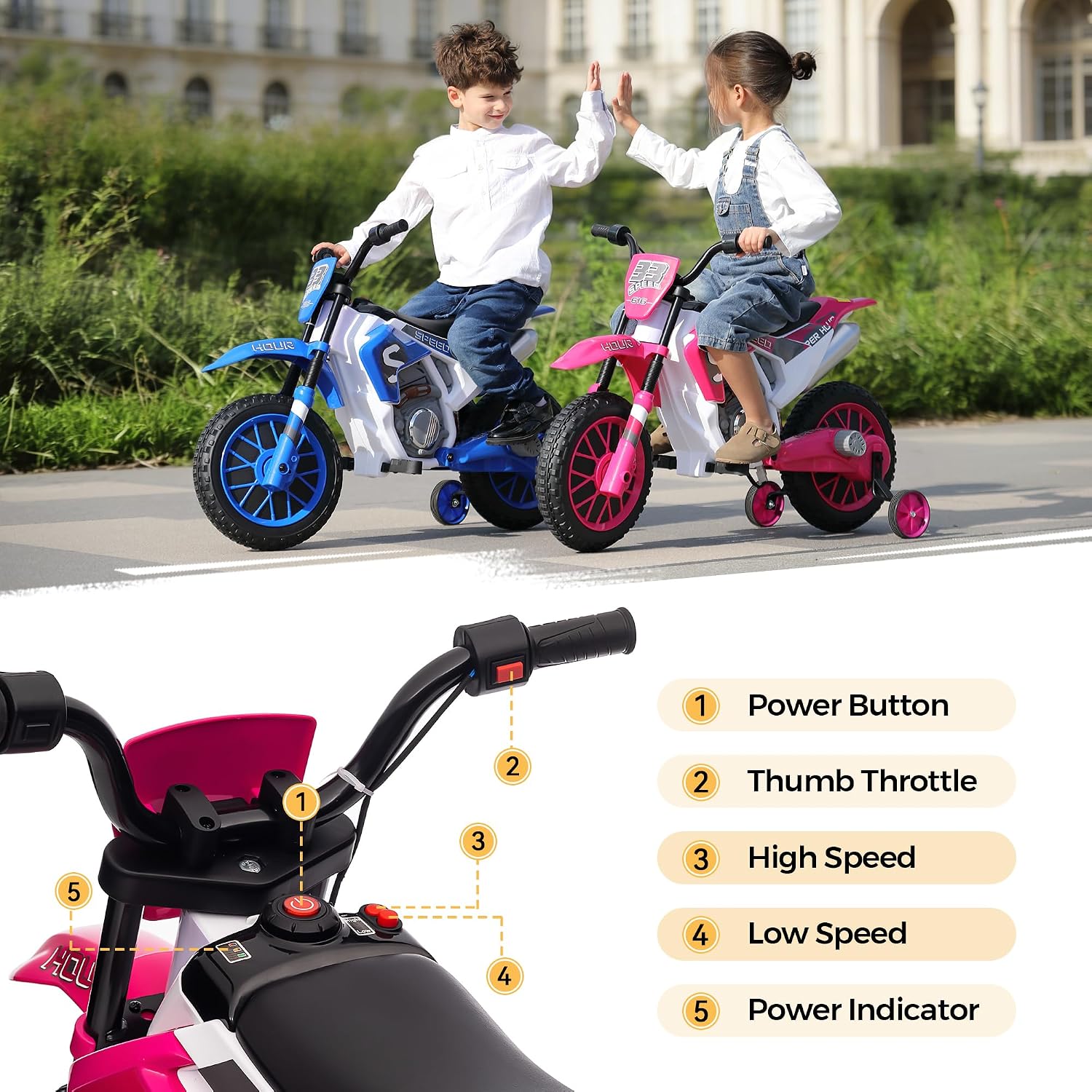 Toddler Motorcycle Kids Dirt Bike TOBBI 12 Volt Battery Powered Ride On Toys Electric Motorbike w/Training Wheels Gift for Boys Girls Ages 3-8 Years, Rose Pink