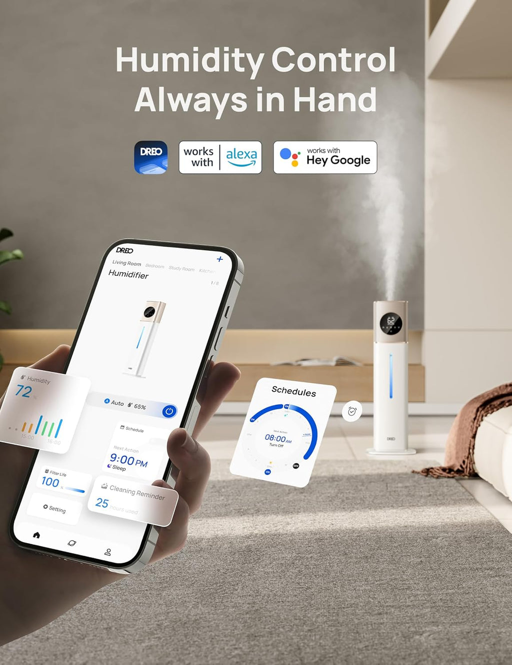 DREO HM735S 11L Smart Humidifier Large Room 700 ft², 100H Cool Mist Air Humidifiers for Bedroom, Top-Fill, Clean Tank Technology, 26dB, Auto Mode, Aroma Box, RGB, Remote & APP Control, Baby, Starlight