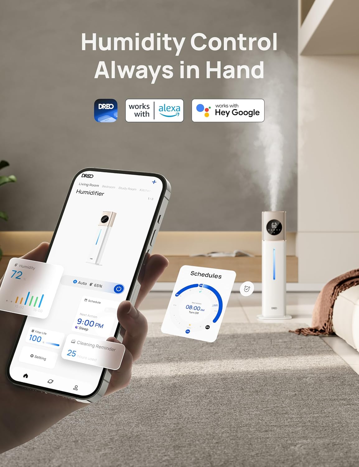 DREO HM735S 11L Smart Humidifier Large Room 700 ft², 100H Cool Mist Air Humidifiers for Bedroom, Top-Fill, Clean Tank Technology, 26dB, Auto Mode, Aroma Box, RGB, Remote & APP Control, Baby, Starlight