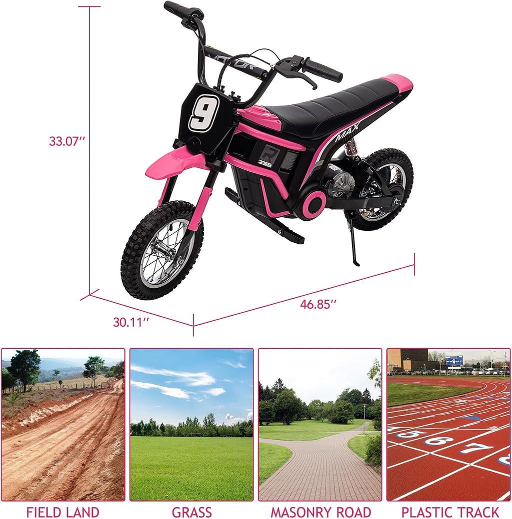 24V 350W Electric Dirt Bike for Kids – 3-Speed Modes, 14.29MPH Max Speed, ASTM-Certified Safe Motorcycle with Shockproof Suspension, Best Gift for Boys & Girls