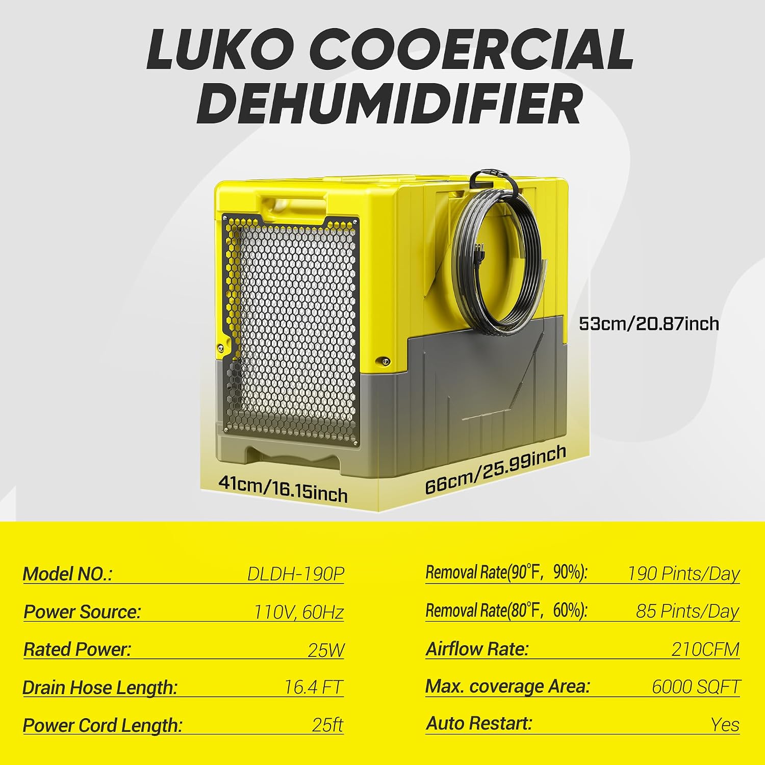 190Pints High Efficiency Commercial Dehumidifier for Basements-6000 Sq.Ft. Industrial Grade Dehumidifiers with Pump & Drain Hose for Crawl Spaces Water Damage Restoration-Light Yellow-1PC