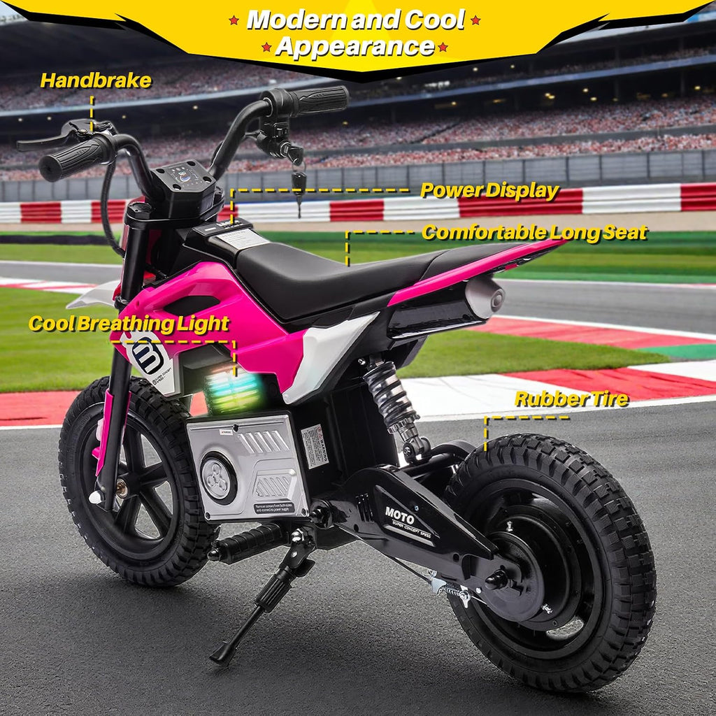 Blitzshark 24V Electric Dirt Bike for Kids，200W Motor Electric Motorcycle Aged 5-12, Motorbike for Kids, Adjustable Speed, LED Breath lamp,Bluetooth,Music,Horn,Speeds 3-9MPH, Pink