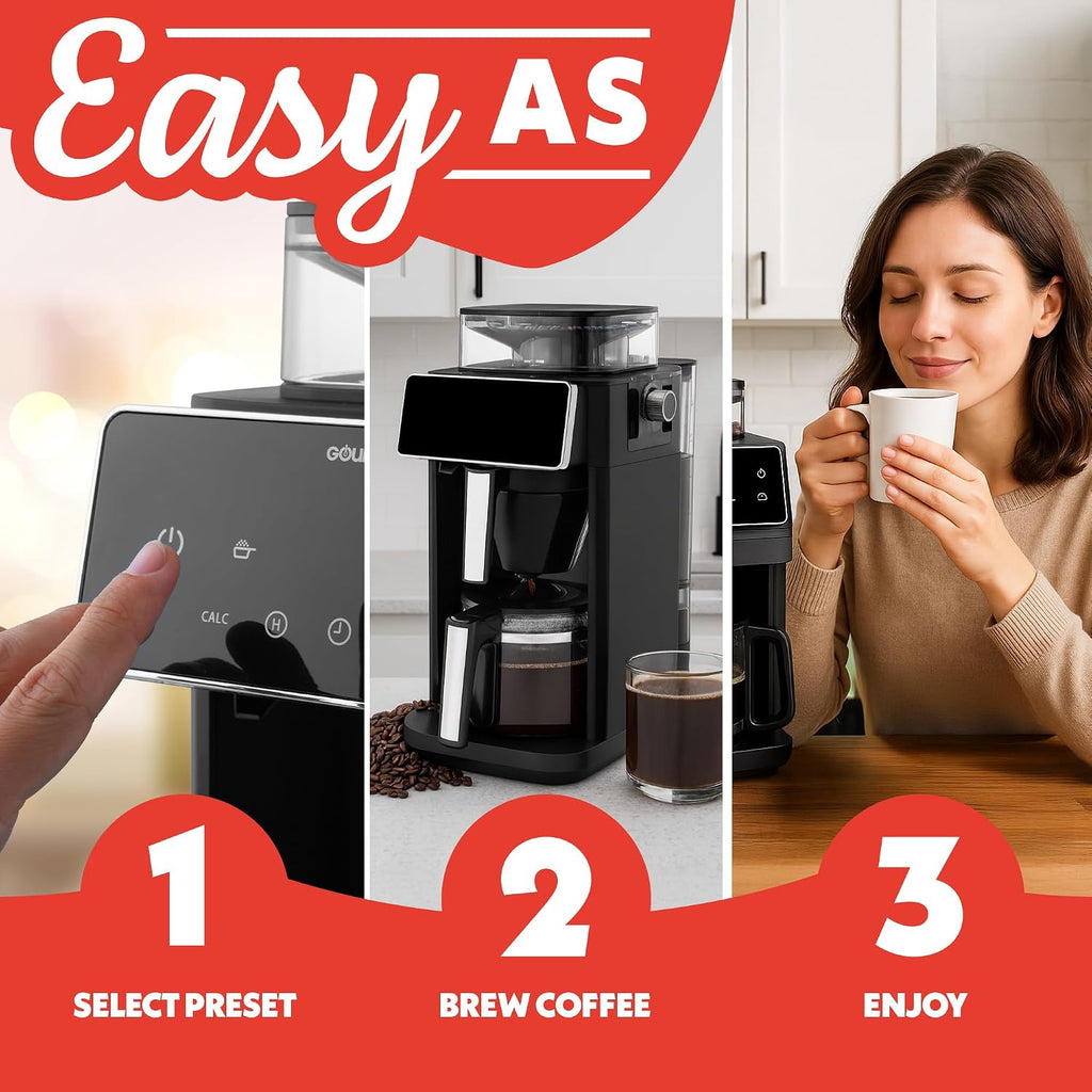 Gourmia 10 Cup Grind & Brew Coffee Maker - Built-In Burr Grinder, 3 Brew Strengths, Programmable Digital Display, Pause & Serve, Keep Warm, Auto Shut Off, Black