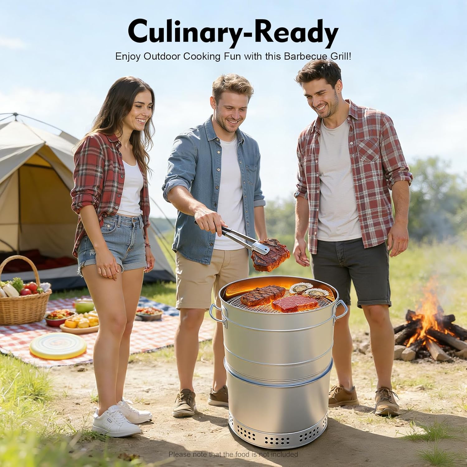 Portable Stainless Steel Charcoal Grill Barrel, 360°Smokeless BBQ Grill with Oil Tray, Large Camping Grill for Backyard, Travel and Patio Cooking, Barbecue Grill with 50 Skewers, Silver
