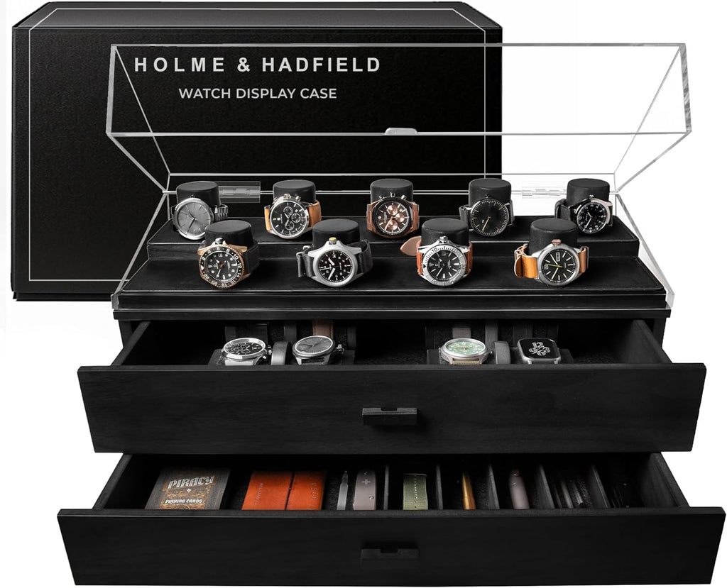 Premium 17 Slot Watch Box for Men - Extra Large Wooden Watch Display Case with Hinged Cover, Leather Lining & 2 Drawers - Watch Holder Organizer Stand - Handcrafted Luxury Birthday Gift for Men