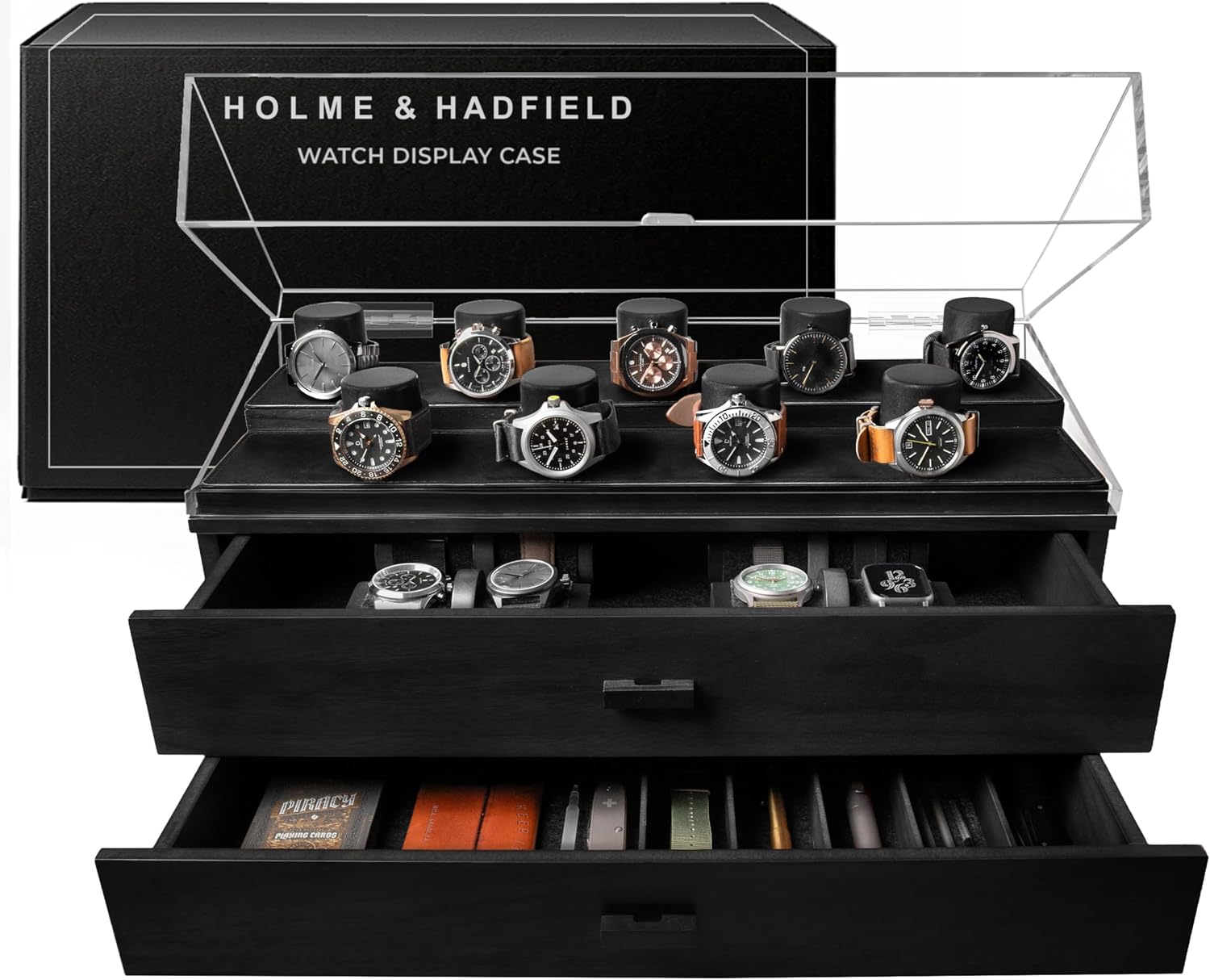 Premium 17 Slot Watch Box for Men - Extra Large Wooden Watch Display Case with Hinged Cover, Leather Lining & 2 Drawers - Watch Holder Organizer Stand - Handcrafted Luxury Birthday Gift for Men