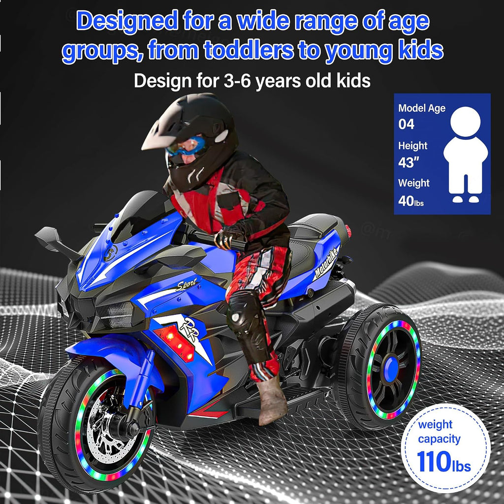 WIIS' IDEA Kids Ride On Motorcycle,12V Electric Battery Powered Ride On Bike,3 Wheels Electric Motorcycle for Kids Ages 3-6 Years with Hand Racing,LED Light-Emitting Tyres,PU seat,Toy Gifts,Blue