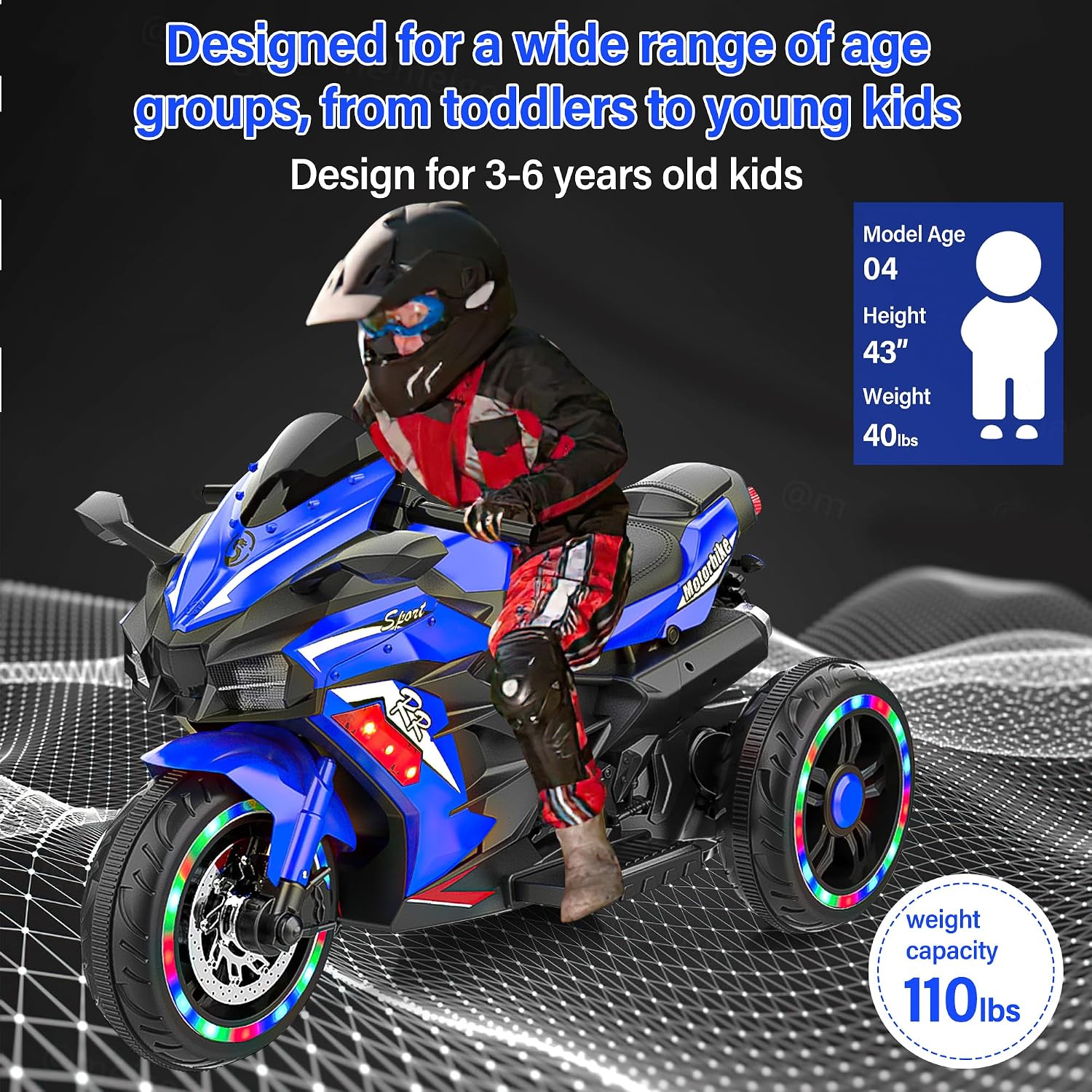 WIIS' IDEA Kids Ride On Motorcycle,12V Electric Battery Powered Ride On Bike,3 Wheels Electric Motorcycle for Kids Ages 3-6 Years with Hand Racing,LED Light-Emitting Tyres,PU seat,Toy Gifts,Blue