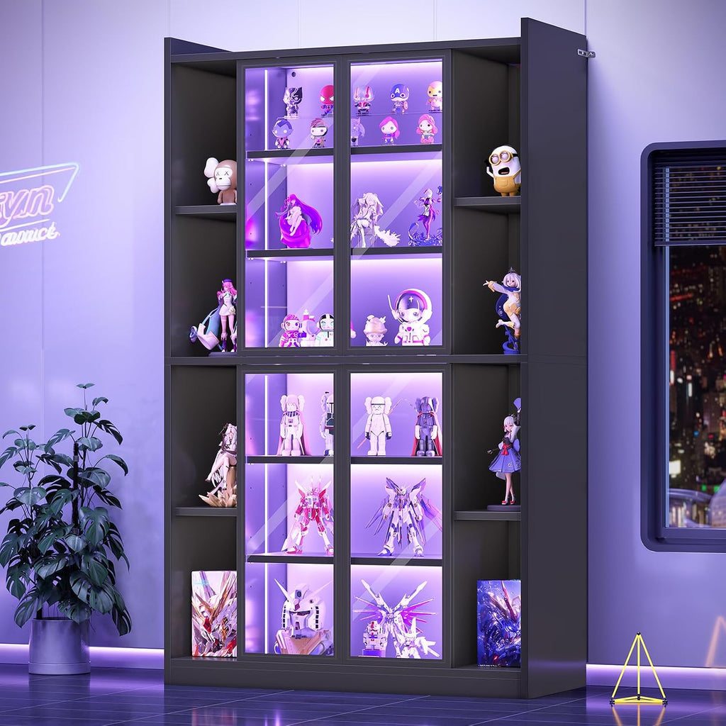 SEDETA 71' Display Cabinet with Acrylic Glass Doors, 6 Tier Display Cases for Collectibles, Curio Cabinet with LED Lights, Tall Bookcase with Adjustable Shelves, Black