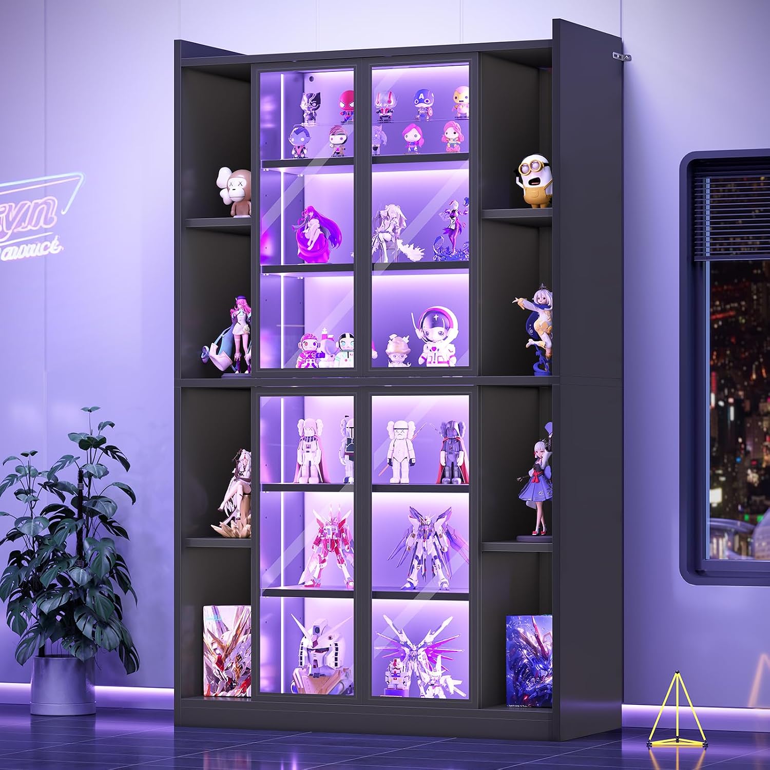 SEDETA 71' Display Cabinet with Acrylic Glass Doors, 6 Tier Display Cases for Collectibles, Curio Cabinet with LED Lights, Tall Bookcase with Adjustable Shelves, Black