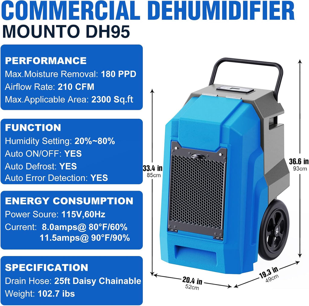 MOUNTO 180Pints LGR Industrial Dehumidifier with Pump and Drain Hose, Portable Commercial Dehumidifier with Wheels for Home, Basements, Garages, and Job Sites