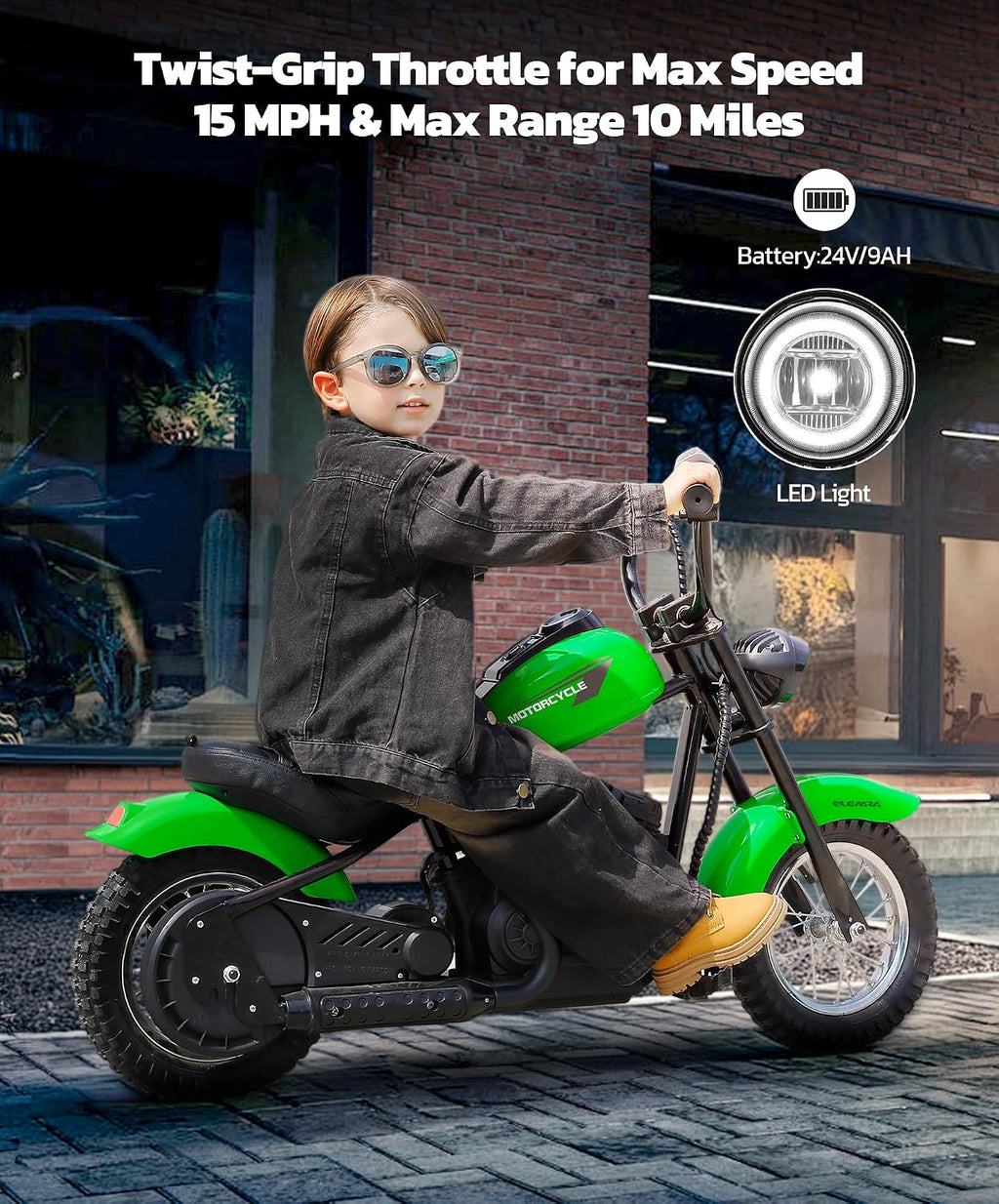 ELEMARA Electric Dirt Bike, 15 mph & 150lb Max, 24V Ride on Toy for Big Kids w/LED Lights & Power Display,Chain-Driven Motor,Twist-Grip Throttle, Shock Springs,Handbrake,12' Air-Filled Tires-Green