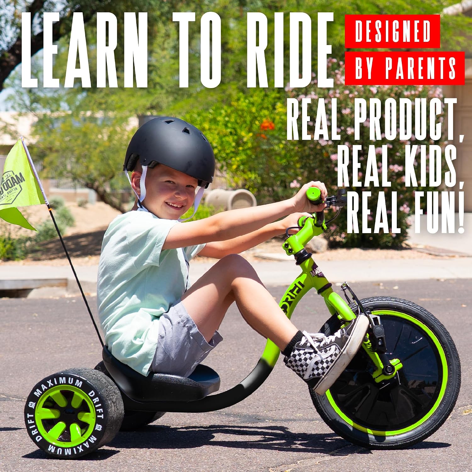 Drift Trike for Kids Ages 5+ – 16' Front Wheel Ride-On with Adjustable Seat, Steel Frame, Rear Slick Drift Wheels & Safety Flag – Madd Gear