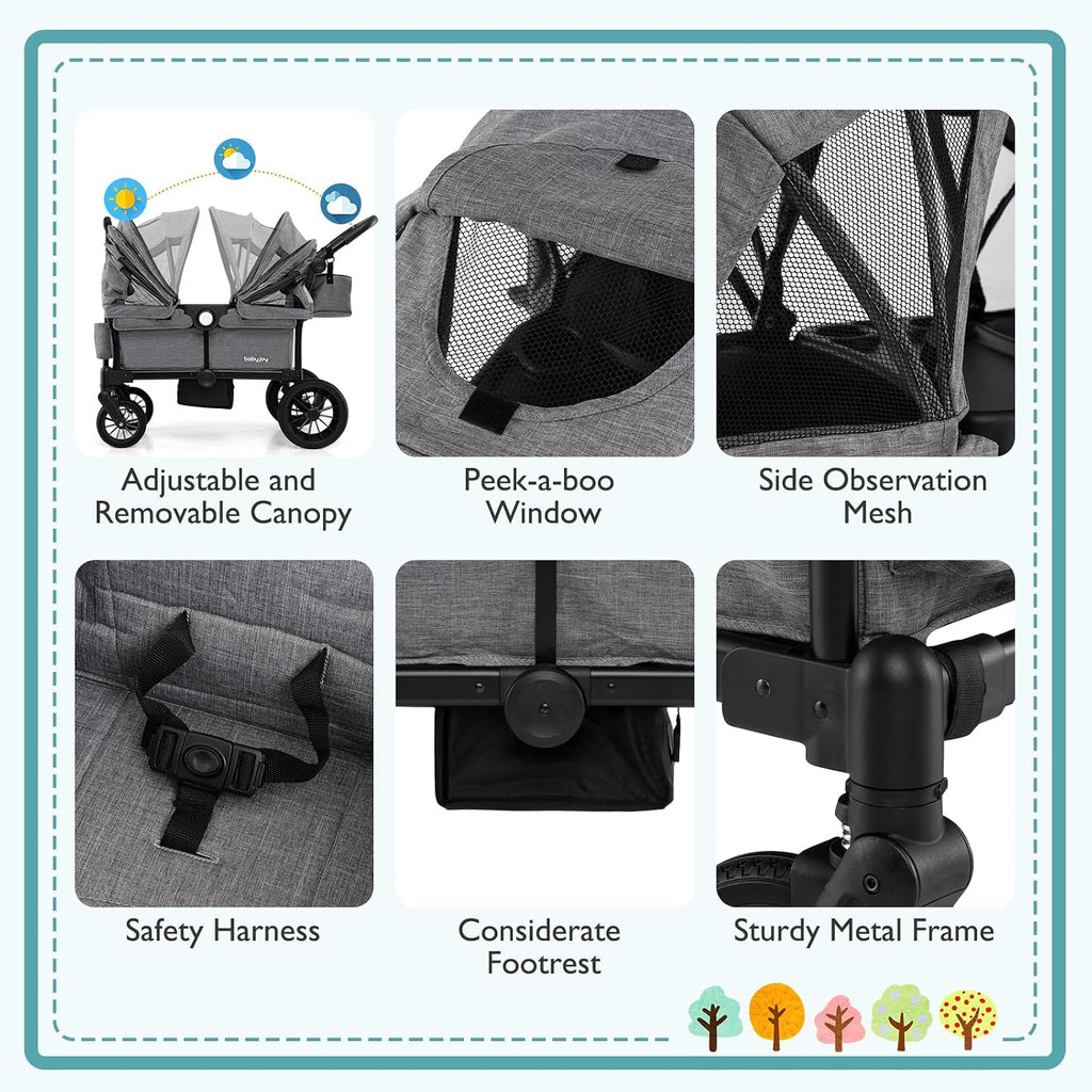 BABY JOY Wagon Stroller for 2 Kids, Collapsible Push Pull Double Stroller Wagon with Adjustable Handle Bar, Removable Canopy, Safety Harness, Cup Holder, Snack Tray & Storage Bag (Gray)