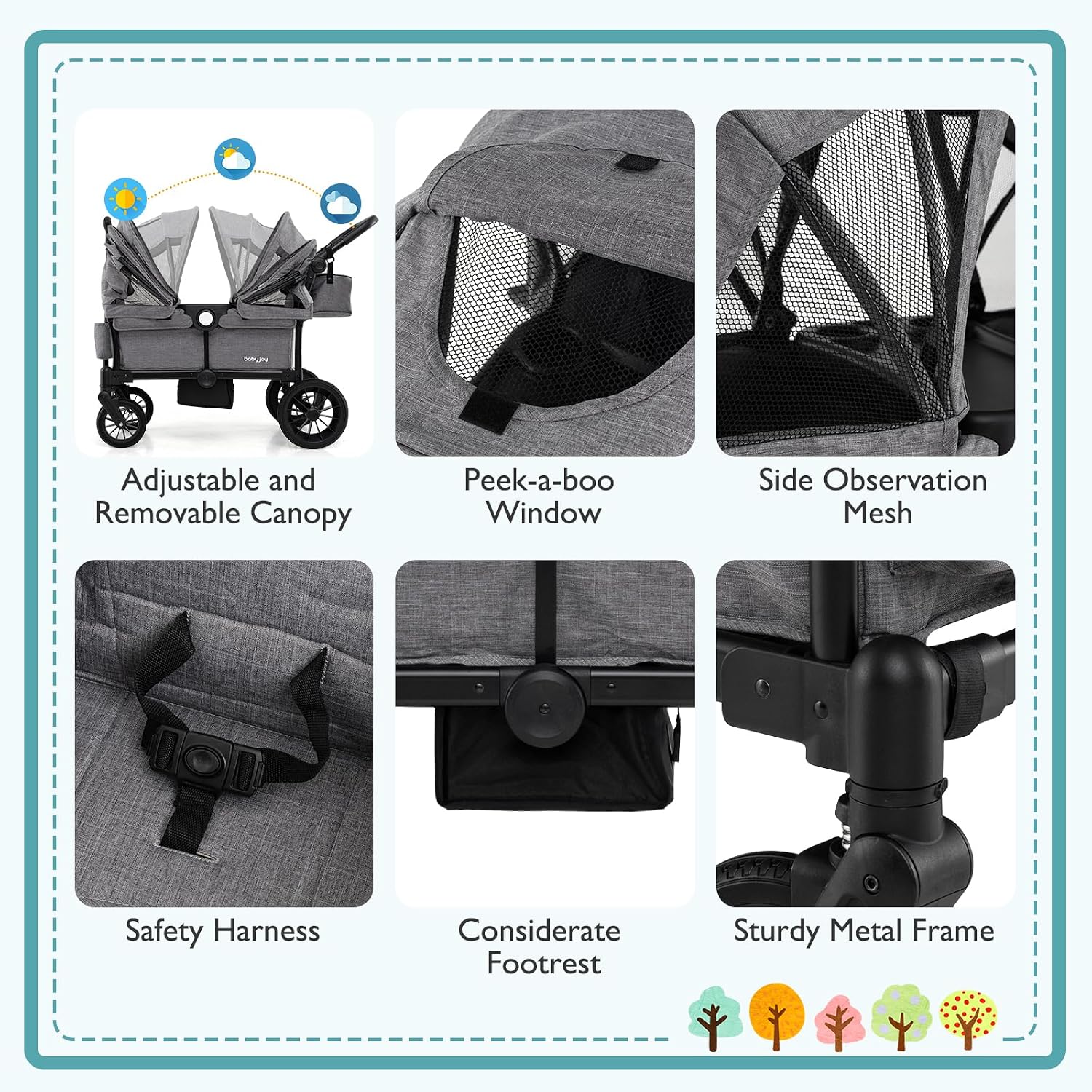 BABY JOY Wagon Stroller for 2 Kids, Collapsible Push Pull Double Stroller Wagon with Adjustable Handle Bar, Removable Canopy, Safety Harness, Cup Holder, Snack Tray & Storage Bag (Gray)