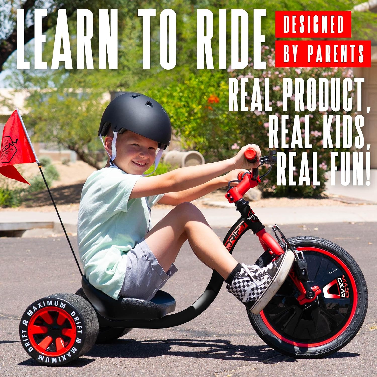 Drift Trike for Kids Ages 5+ – 16' Front Wheel Ride-On with Adjustable Seat, Steel Frame, Rear Slick Drift Wheels & Safety Flag – Madd Gear - (Black Red)