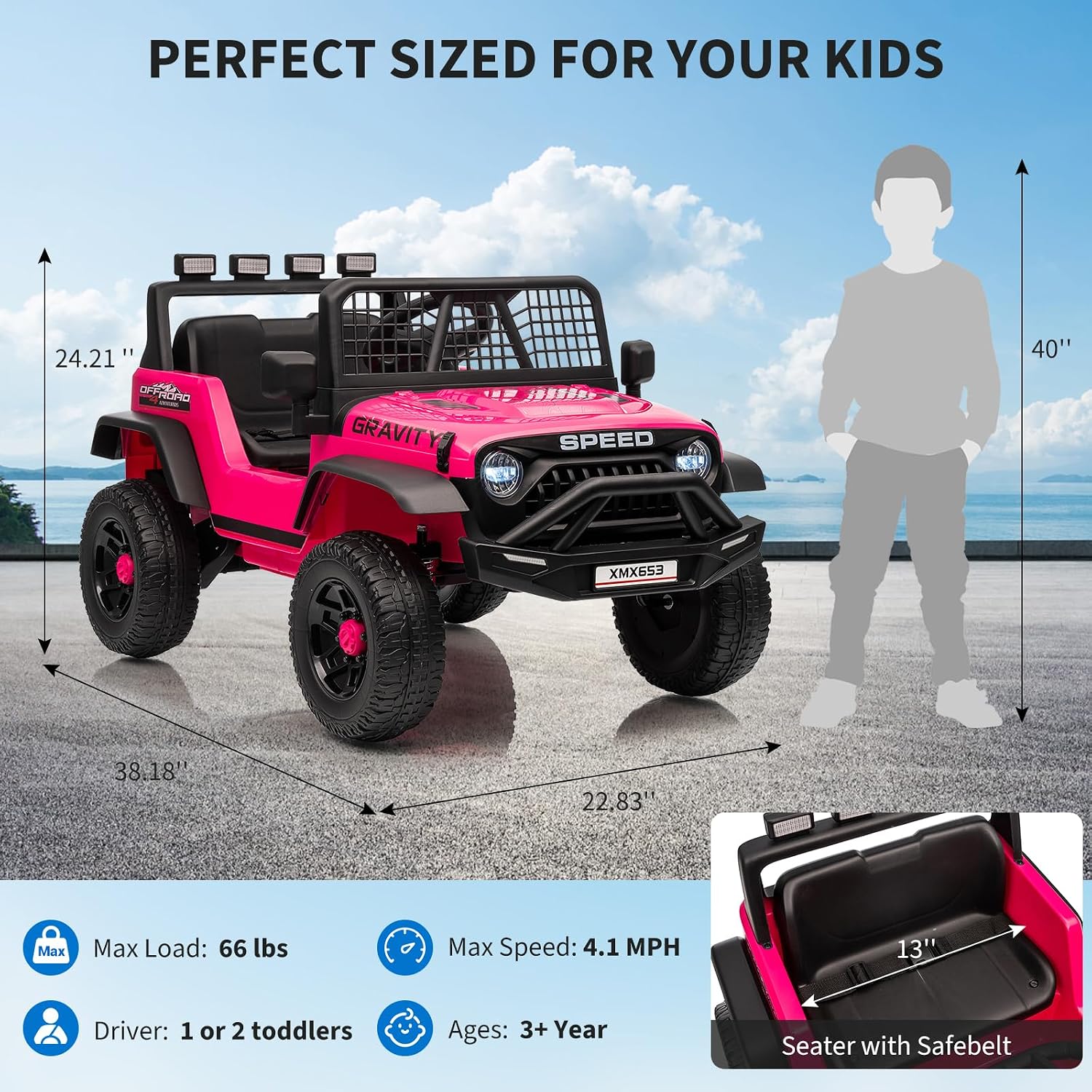 GarveeLife 12V Kids Ride on Car Truck, Kids Electric Vehicles Car Ride on Toy Extra Wide Seat and Legroom for Toddlers with Remote Control, 3 Speeds, LED Light, Music, USB for Children 3-6 Years, Rosy