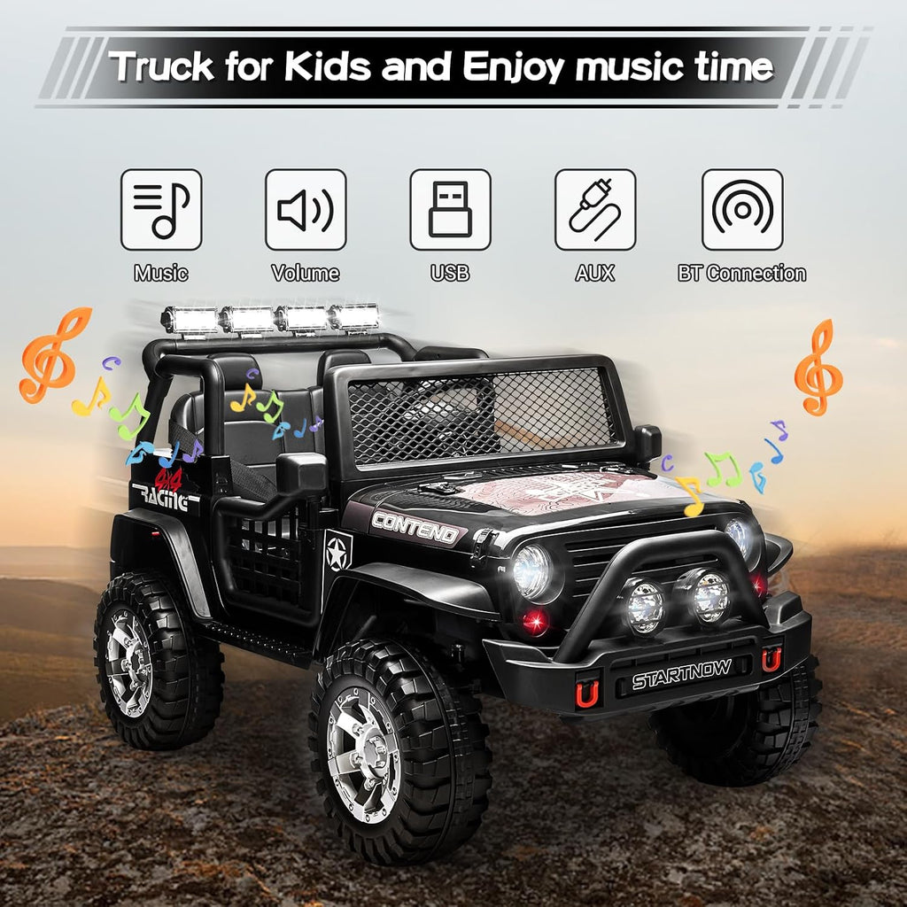 SEHOMY 2-Seater Kids Electric Car, 12V Truck Power Wheels with Remote Control - 110LBS Max Load, 19'' Wide Seat, Spring Suspension, Music, Battery Powered Kids Ride on Car Black Vehicles for Boy Girl