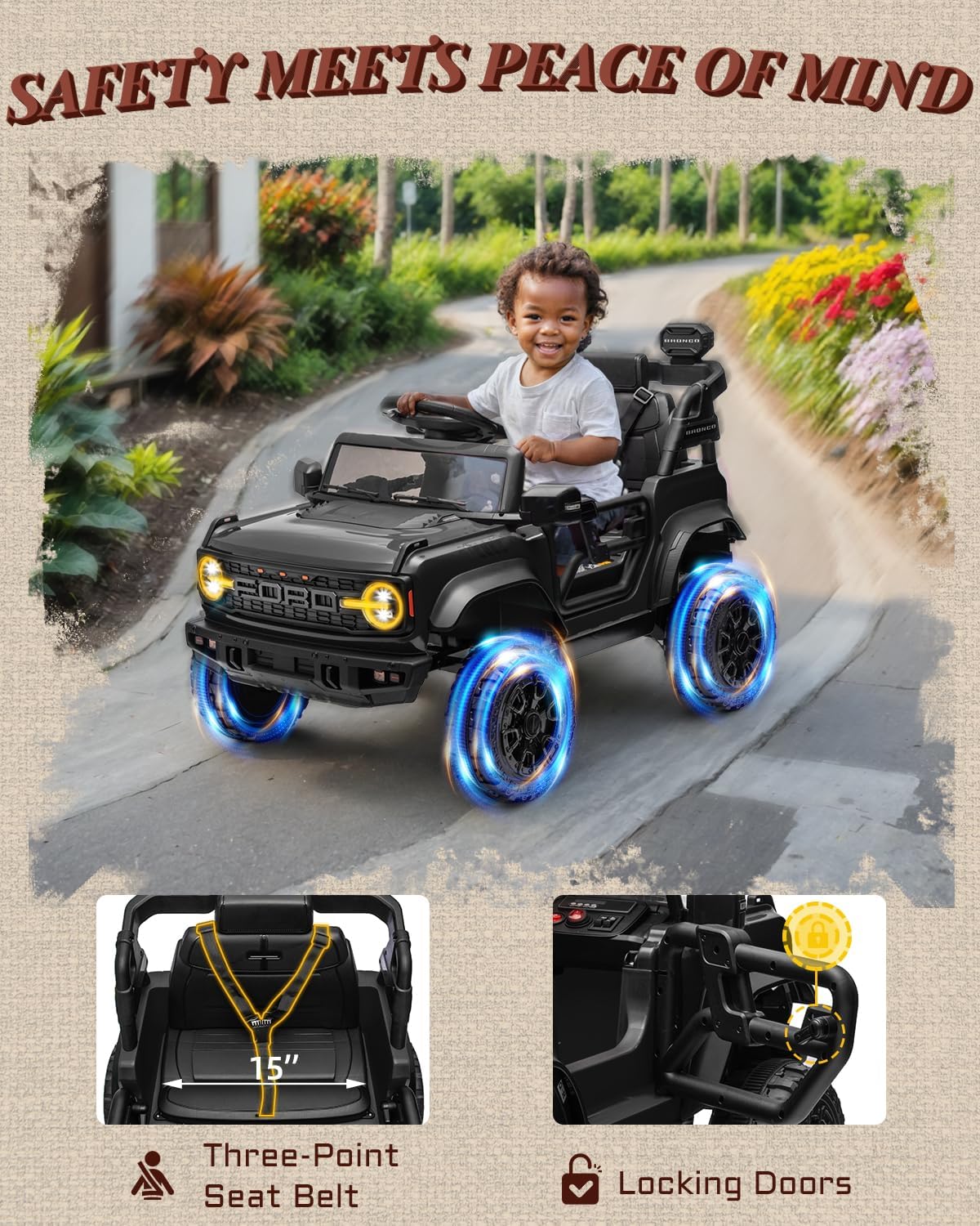 First Ride On 12V Ride on Toys for Kids, Licensed Ford Bronco Raptor Children Electric Vehicles, Toddler Battery Powered Car with Double Doors, 3 Point Safety Belt, Led Lights (12V, Black)