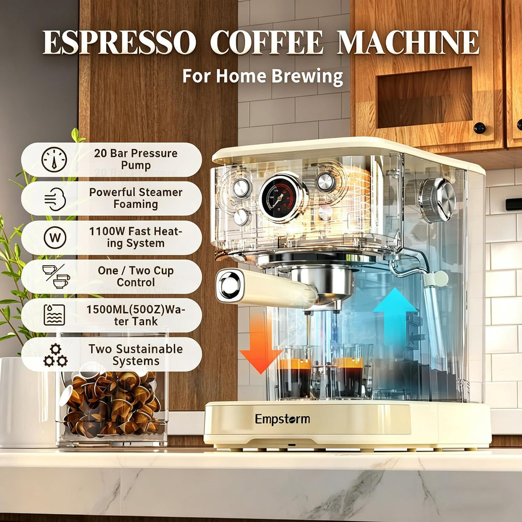 Empstorm Espresso Machine 20 Bar, 2 in 1 Espresso Maker with Milk Frother Steam Wand for Latte and Cappuccino, Powder and Capsule Portafilter, 50oz Removable Water Tank Coffee Machine for Home-White