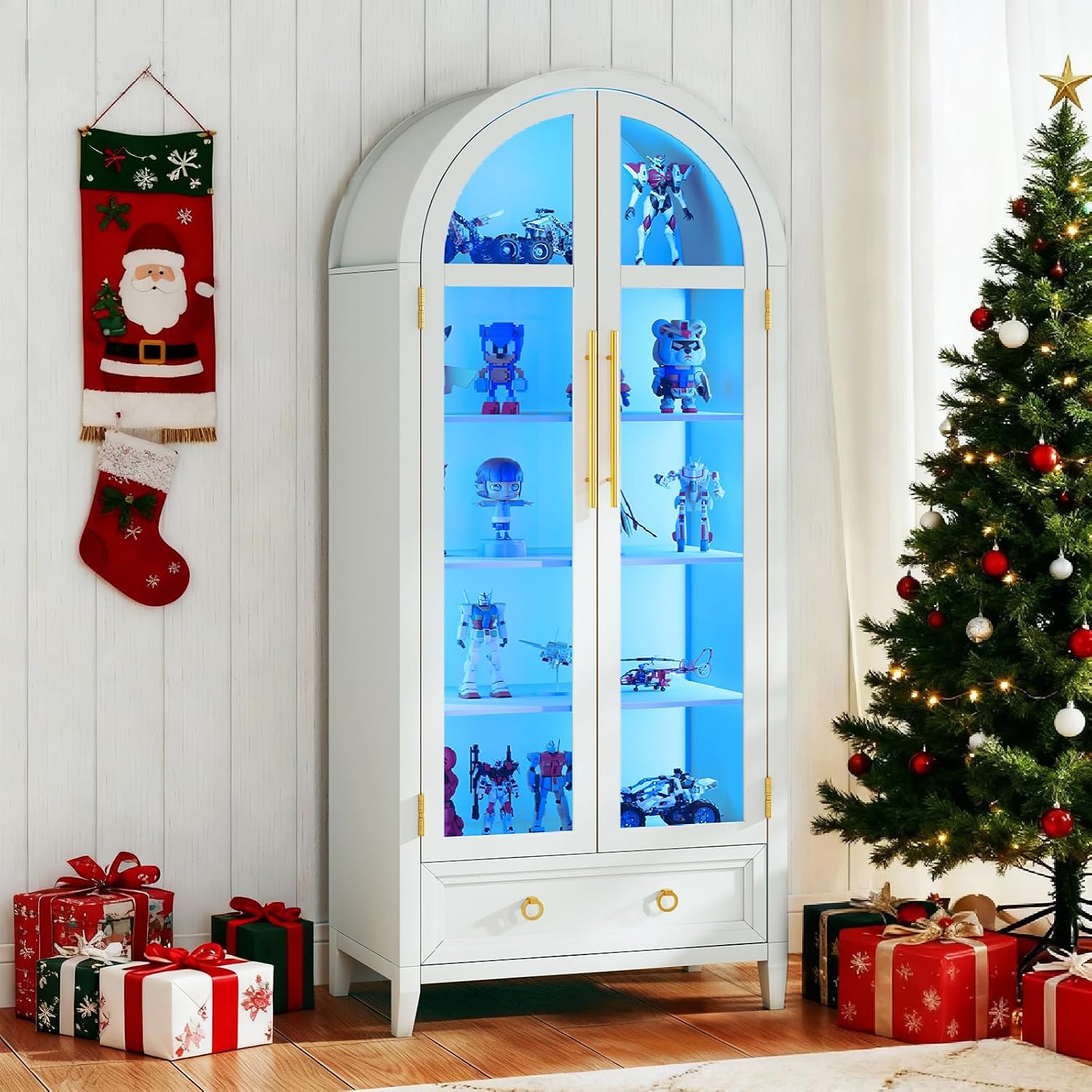 Lvifur 73' Tall Arched Display Cabinet with Glass Doors,4-Tier Curio Cabinets with 3 Color Lights for Collectibles,LED Storage Cabinet with Human Body Sensor,Ajustable Shelf for Toys, Books,White