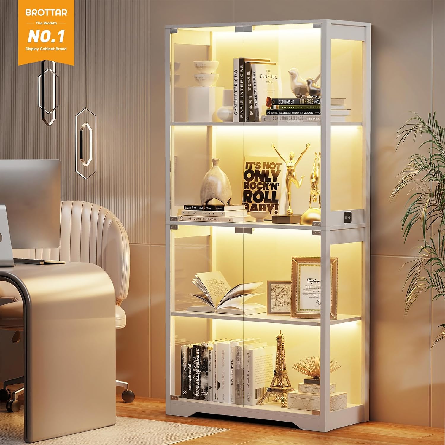 BROTTAR Display Cabinet with Glass Doors, 4-Tier Curio Cabinet with 3 Color Lights for Collectibles, Glass Display Case with Human Body Sensor, Bookcase with 4 Shelves, Storage Cabinets, White
