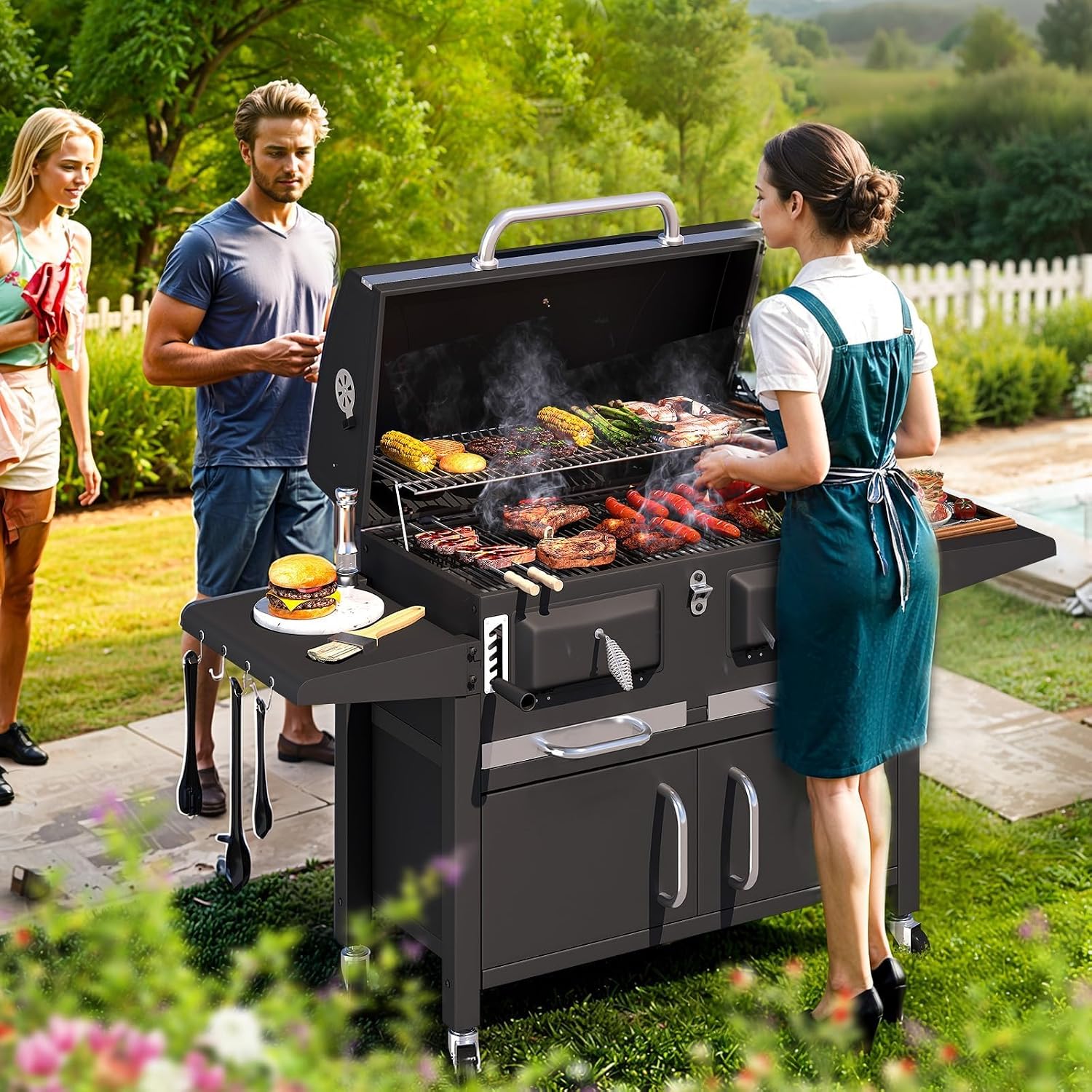 MELLCOM Charcoal Grills, 36 In Large BBQ Grill with Storage Cabinet, 620 Sq.In Oversized BBQ Area, Individual Lifting Charcoal Trays, Foldable Side Tables and Thermometer for Patio, Outdoor, Balcony